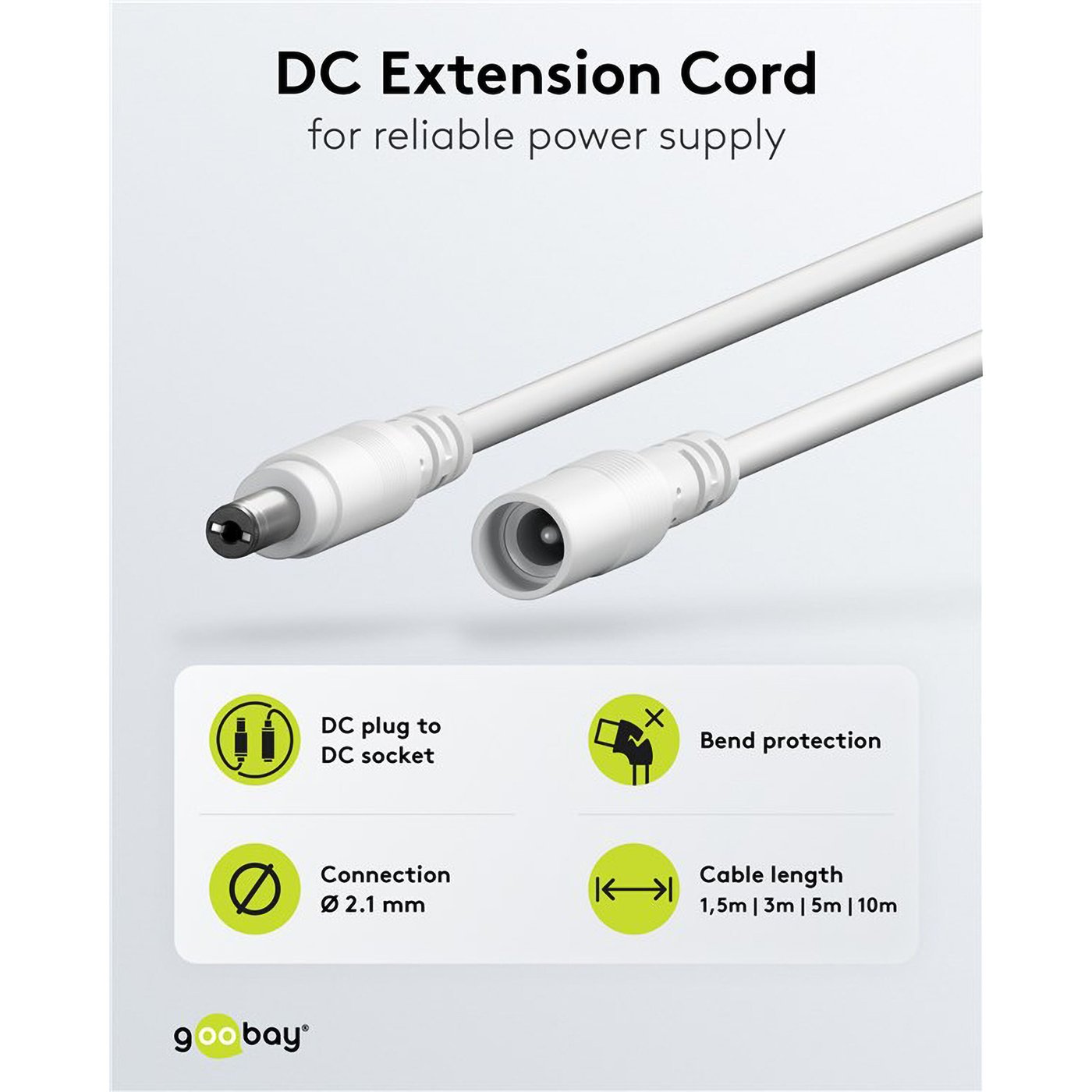 DC-förlängningskabel 5,5x2,1 mm 3 m Vit