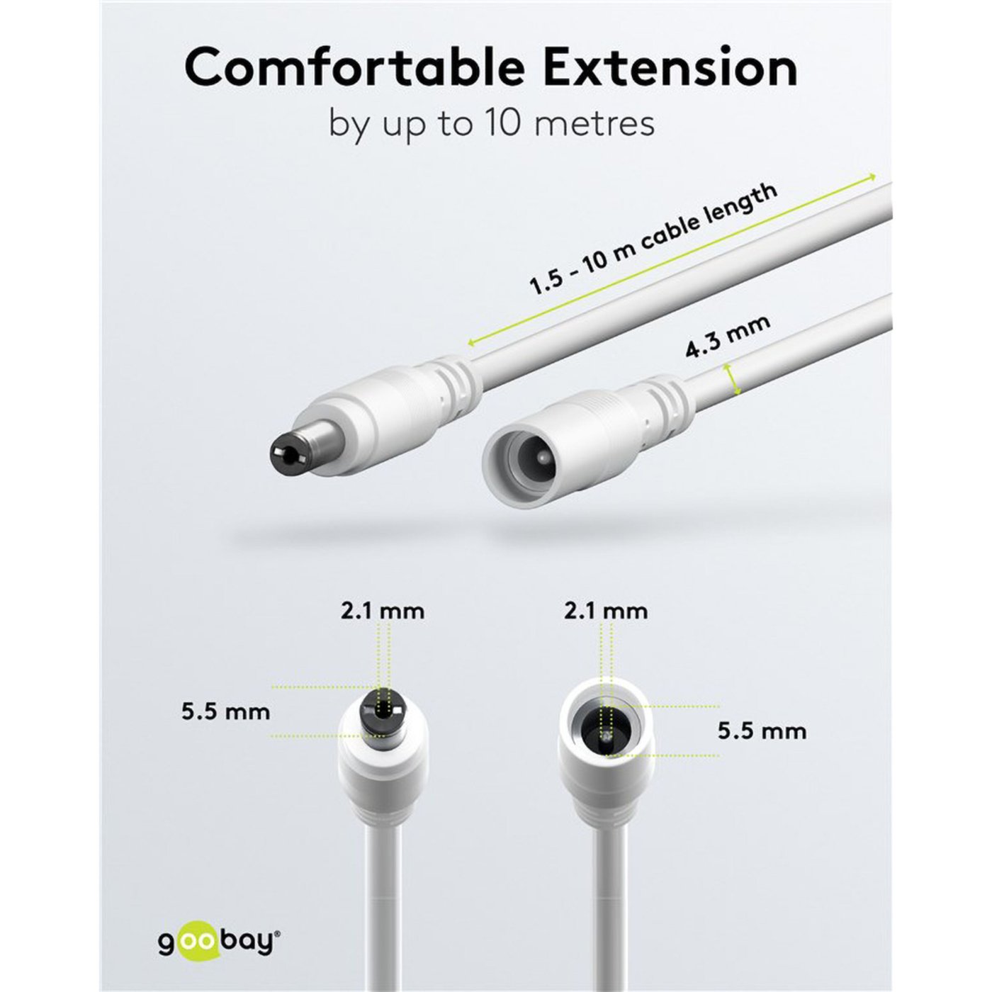 DC-förlängningskabel 5,5x2,1 mm 3 m Vit
