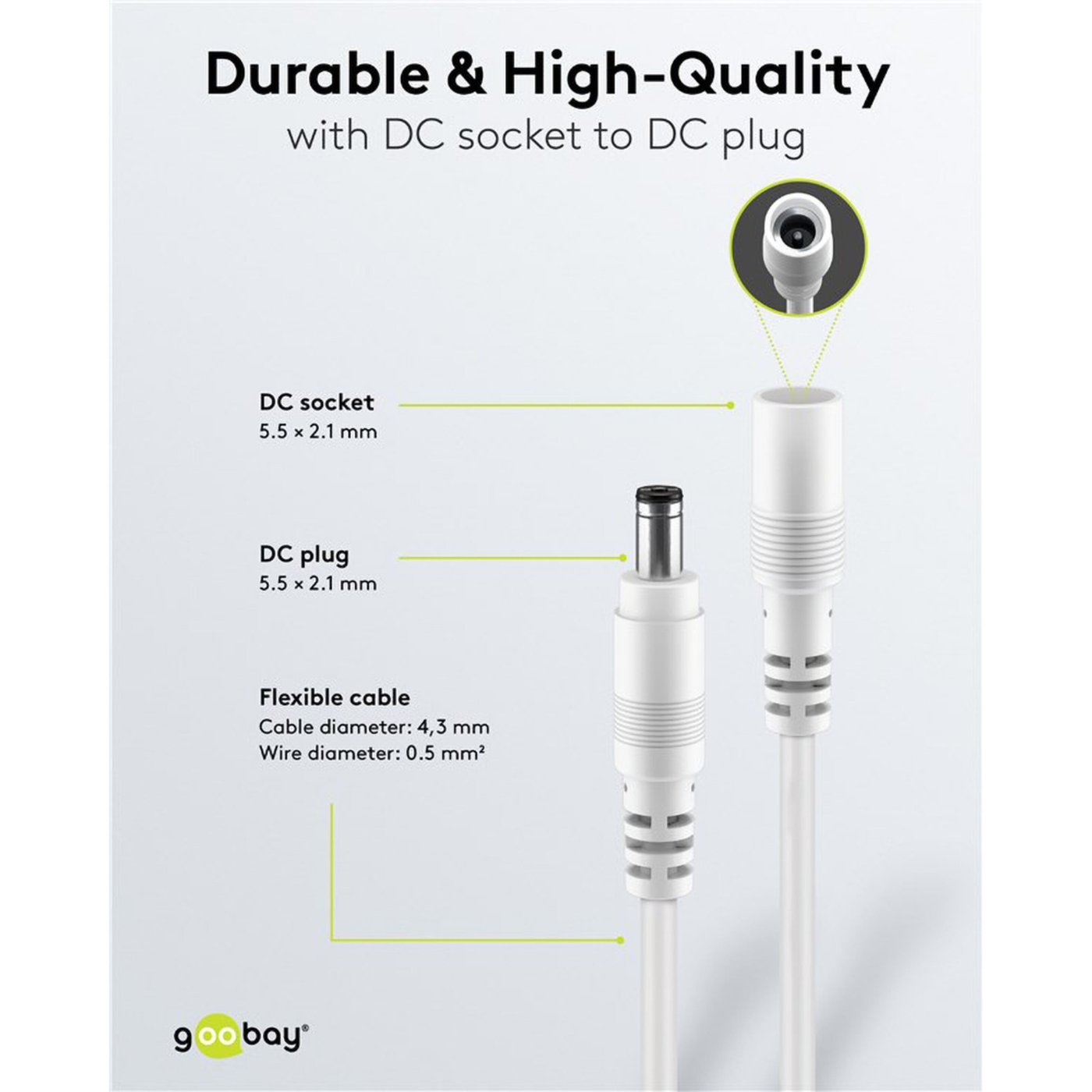 DC-förlängningskabel 5,5x2,1 mm 3 m Vit