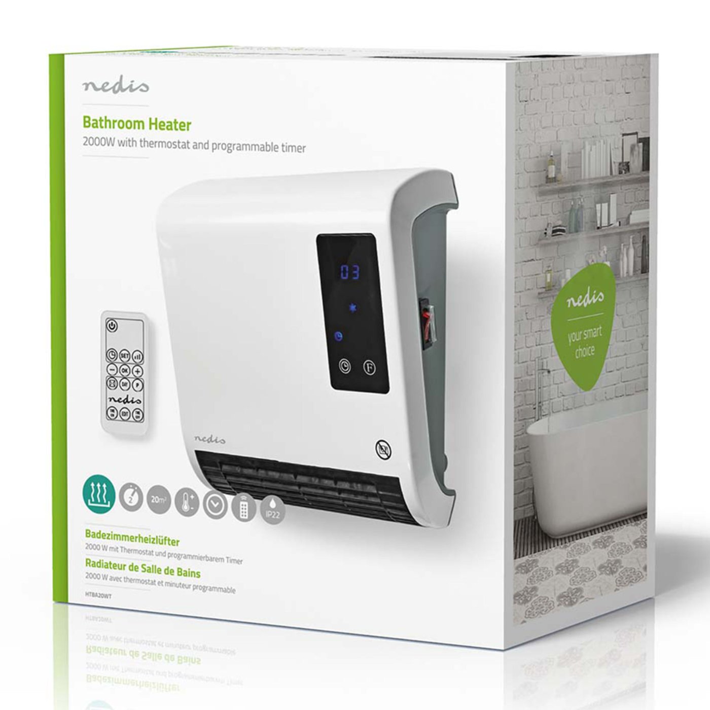 Nedis Baderomsovn – 2000 W med fjernkontroll