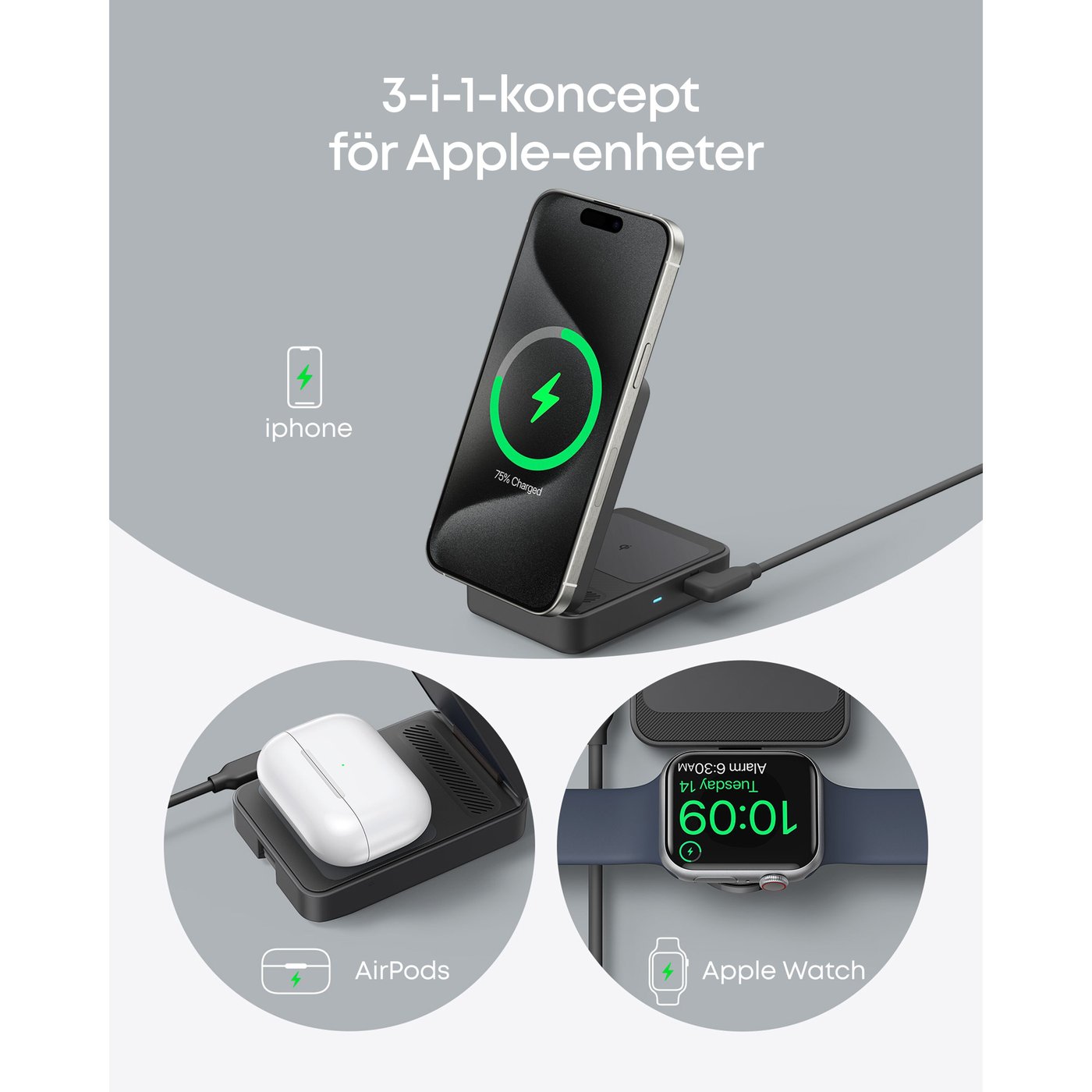 Anker MagGo Trådlös och vikbar 3-i-1-laddstation Svart