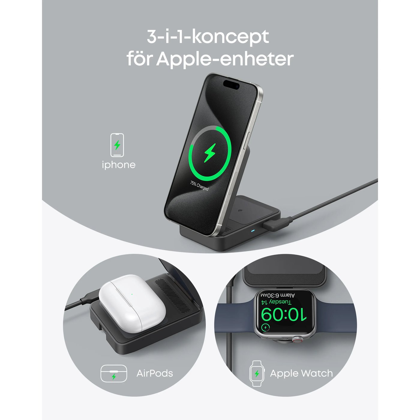 Anker MagGo Trådlös och vikbar 3-i-1-laddstation Svart