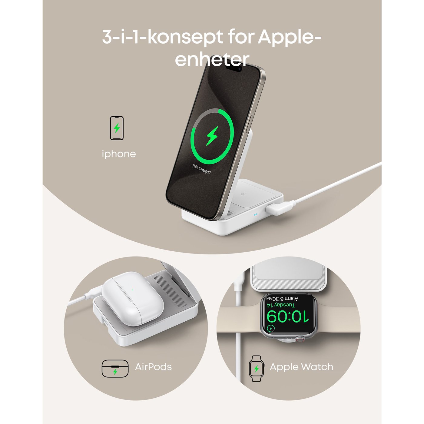 Anker MagGo Trådløs og sammenleggbar 3-i-1-ladestasjon Hvit