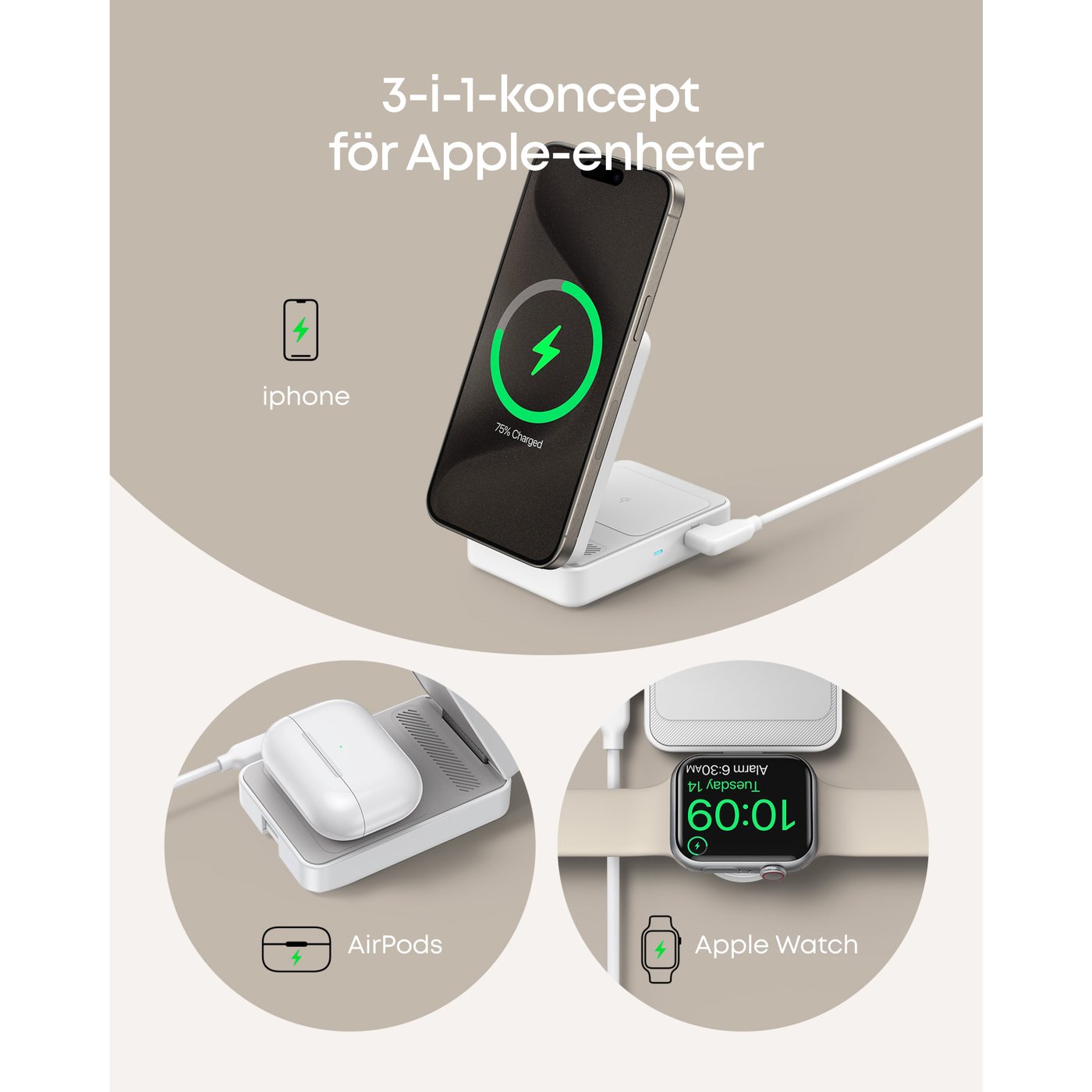 Anker MagGo Trådlös och vikbar 3-i-1-laddstation Vit