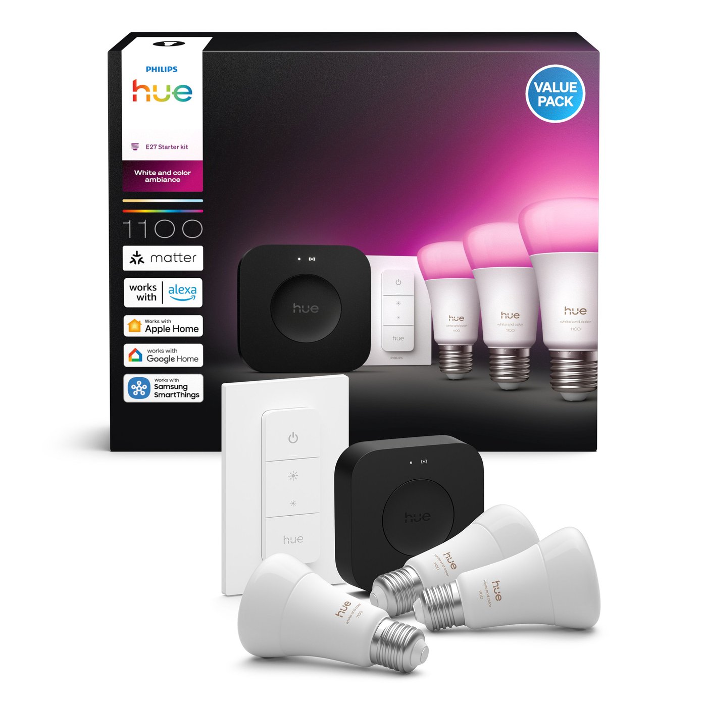 Philips Hue Startpaket Pro: 3x White & Color E27 + Dimmer + Bridge Pro