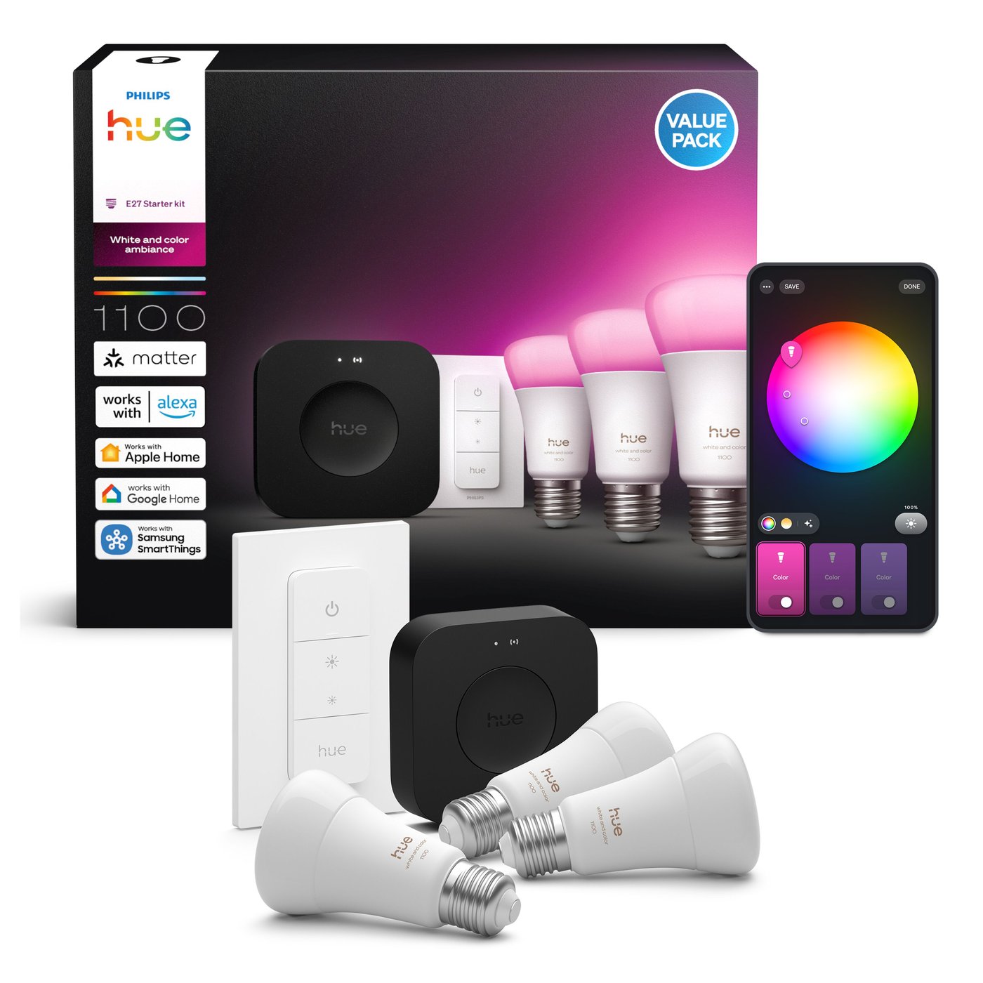 Philips Hue Startpakke Pro: 3x White & Color E27 + Dimmer + Bridge Pro