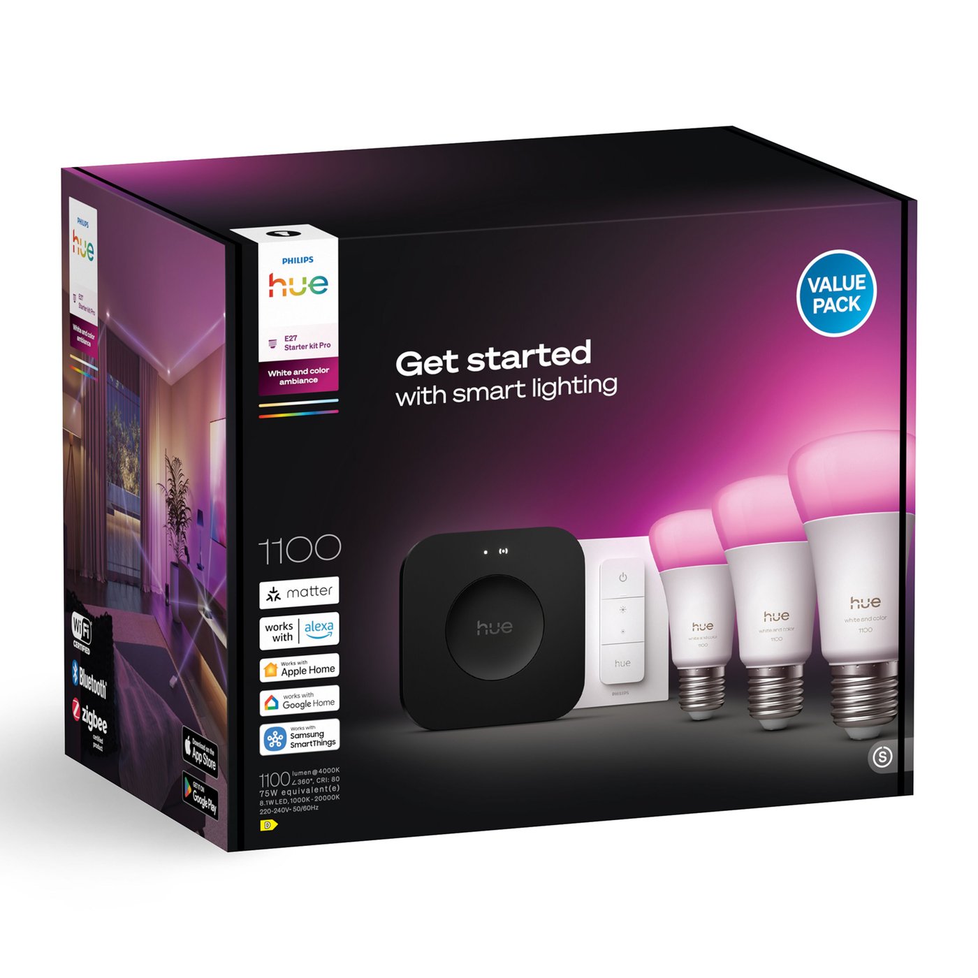 Philips Hue Startpakke Pro: 3x White & Color E27 + Dimmer + Bridge Pro