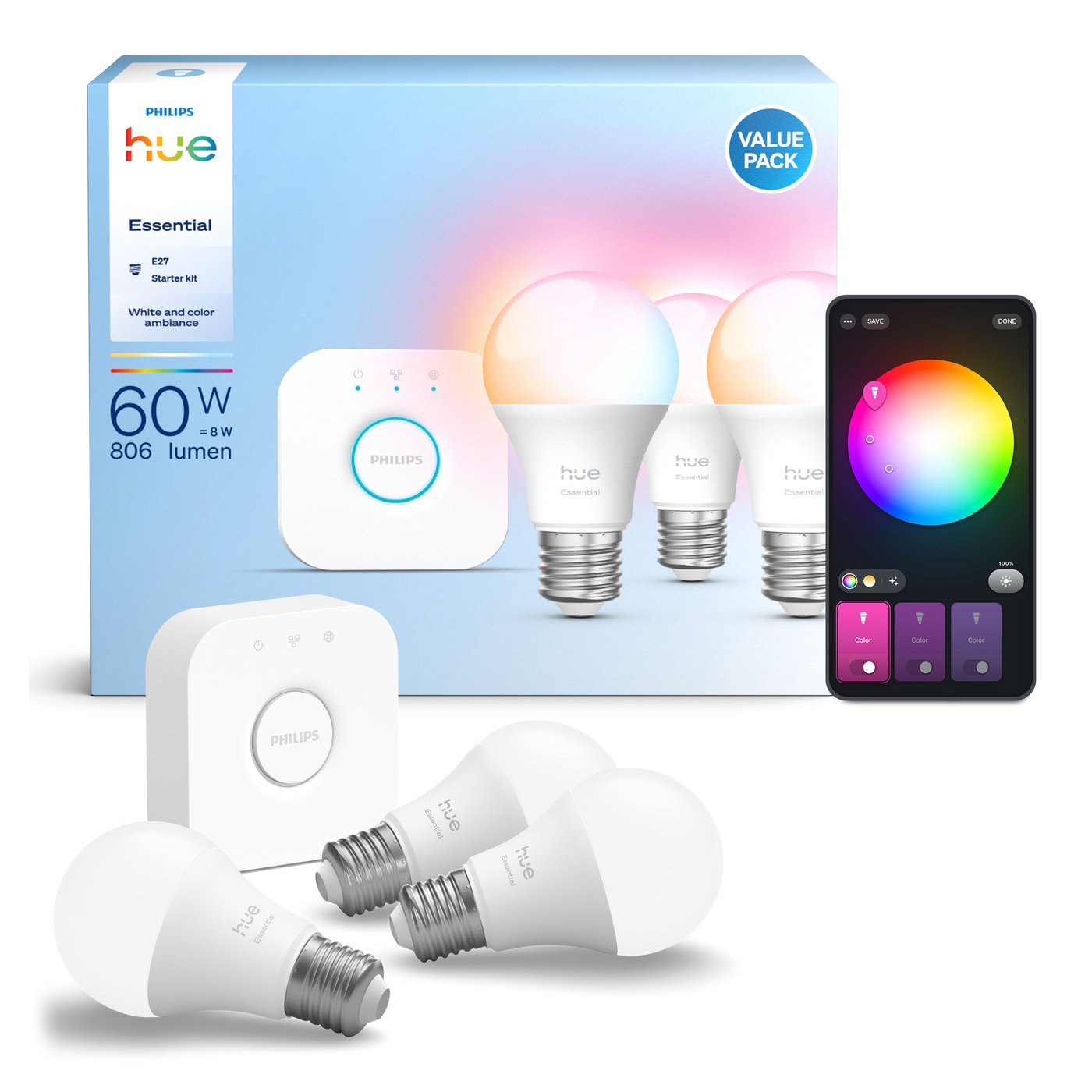 Philips Hue Startpakke Essential: 3x White & Color E27 + Bridge