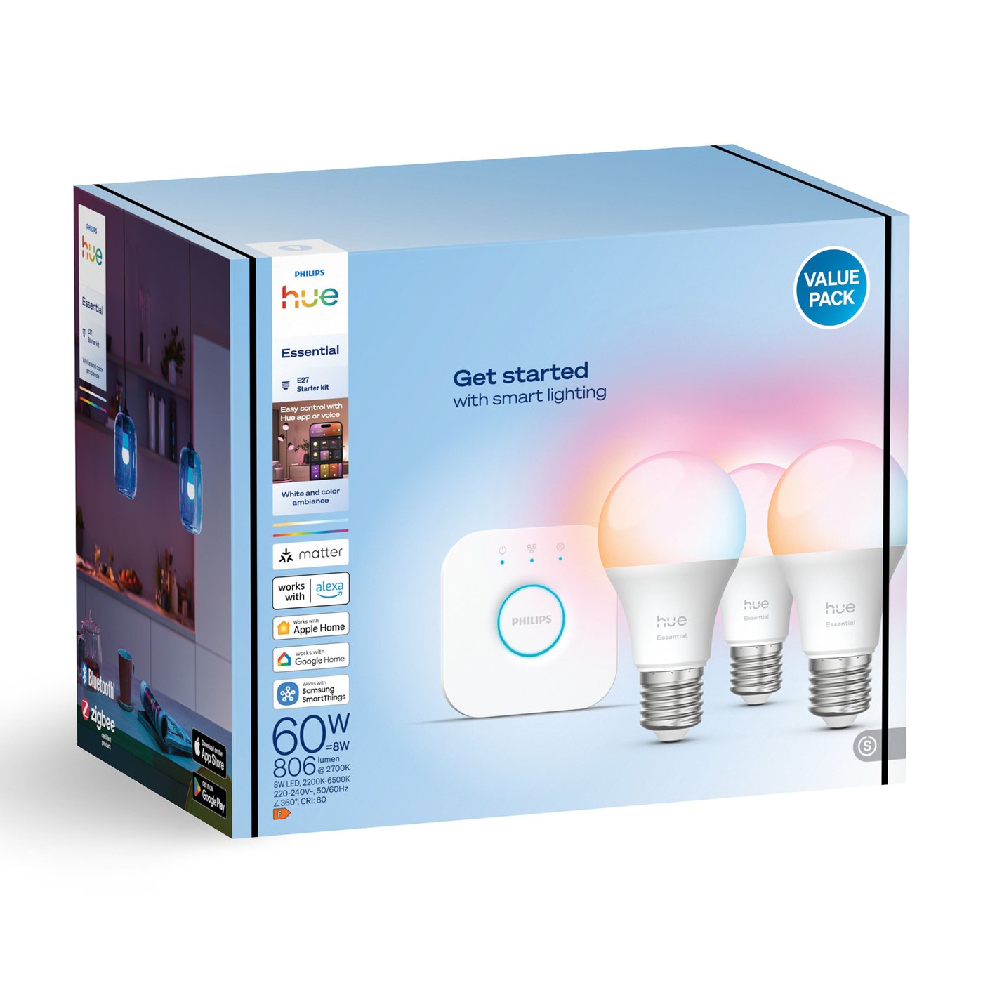 Philips Hue Startpakke Essential: 3x White & Color E27 + Bridge