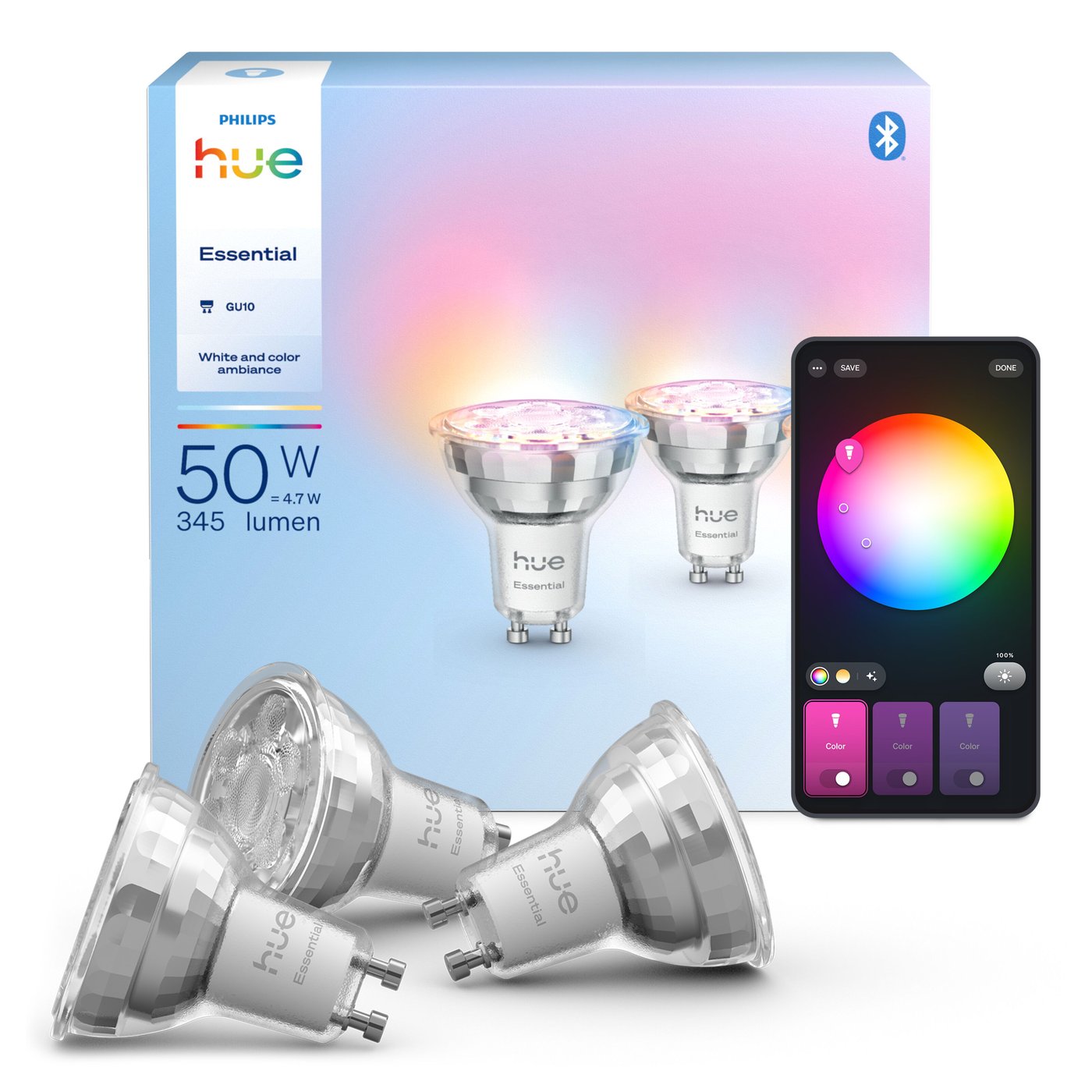 Philips Hue Essential Smart LED-pære GU10 345 lm 3-pk.