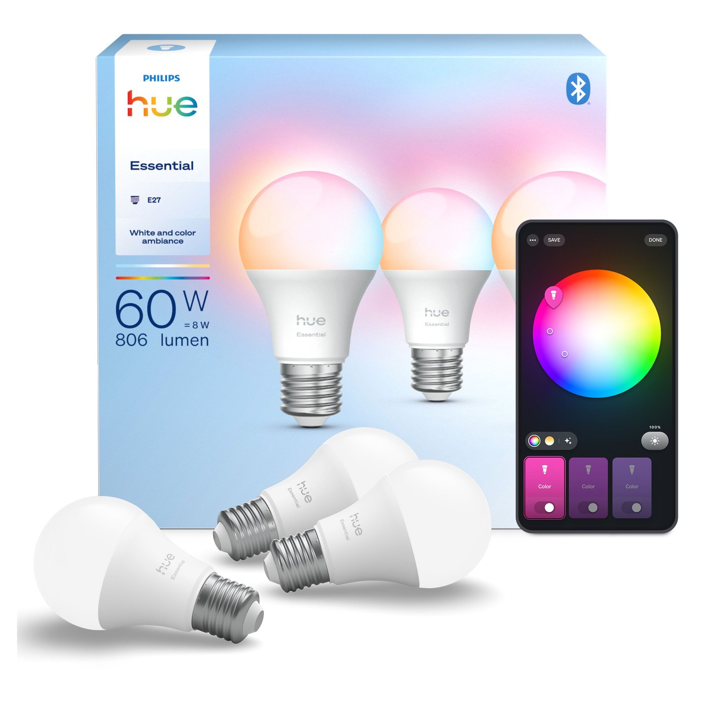 Philips Hue Essential Smart LED-pære E27 806 lm 3-pk.