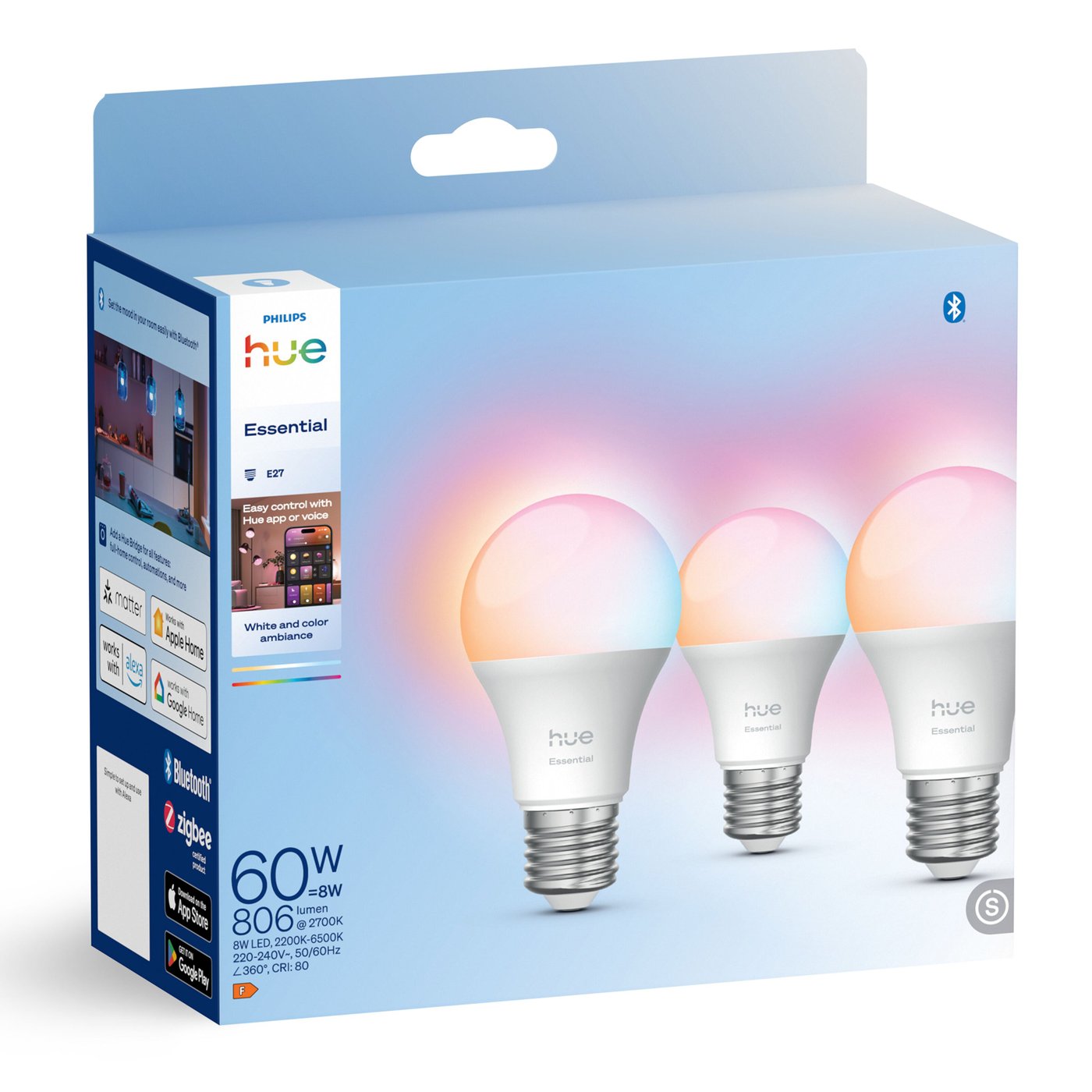 Philips Hue Essential Smart LED-pære E27 806 lm 3-pk.