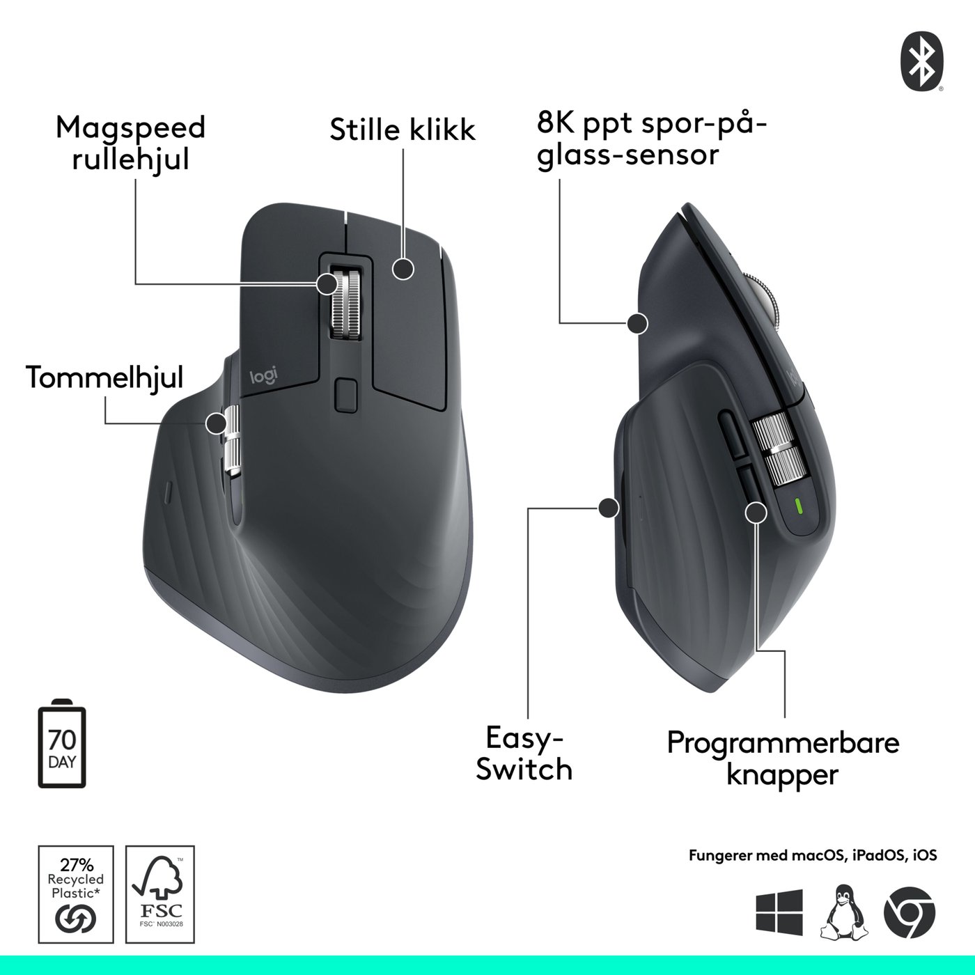 Logitech Mx Master 3s Trådløs datamus Graphite, Bluetooth-utgave