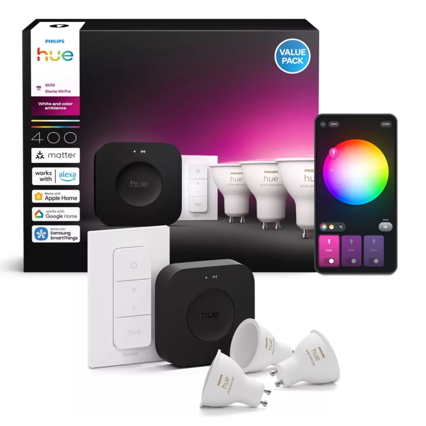 Philips Hue White & Color Ambiance GU10 – Startpakke med Bridge Pro