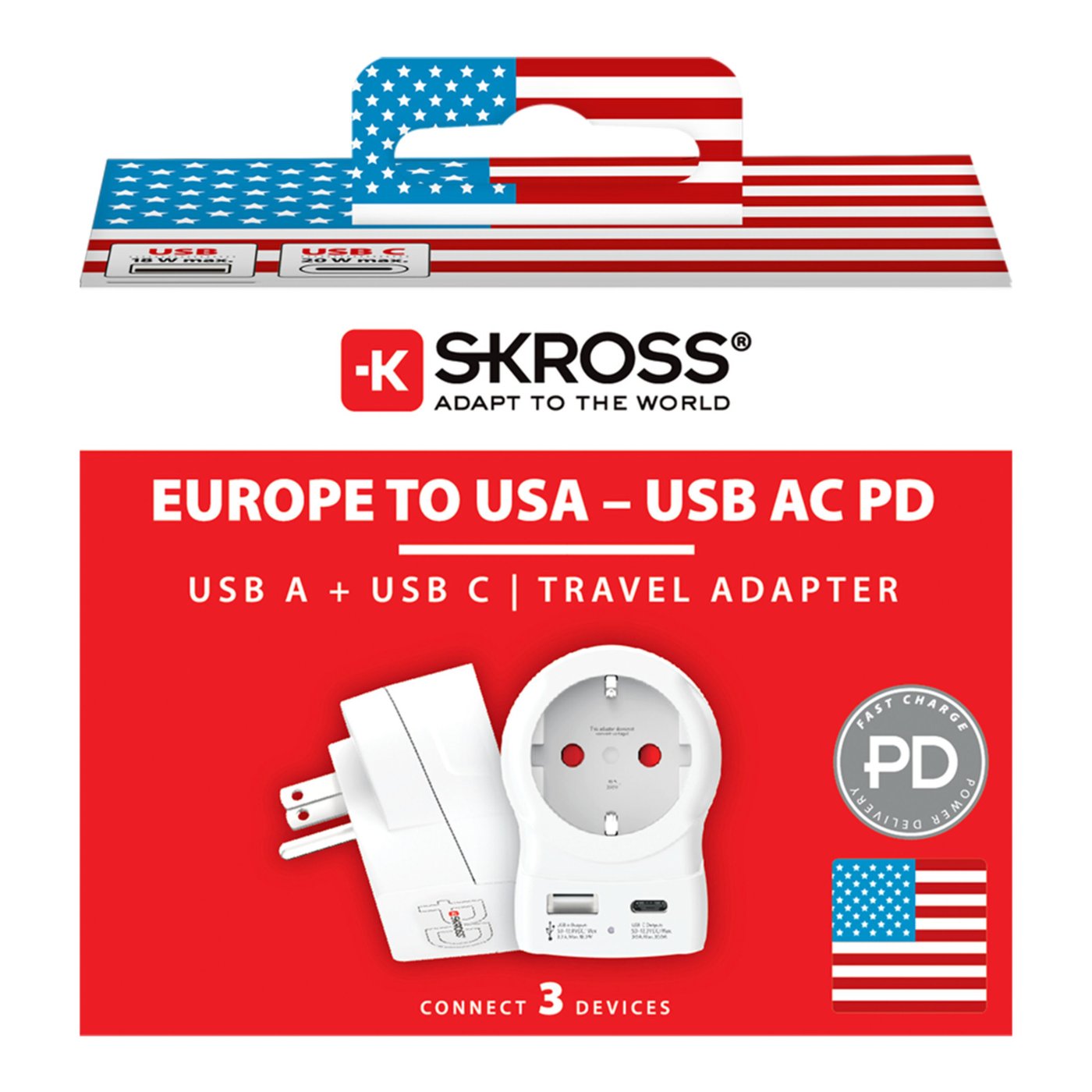 Skross Reseadapter Europa till USA USB AC20PD