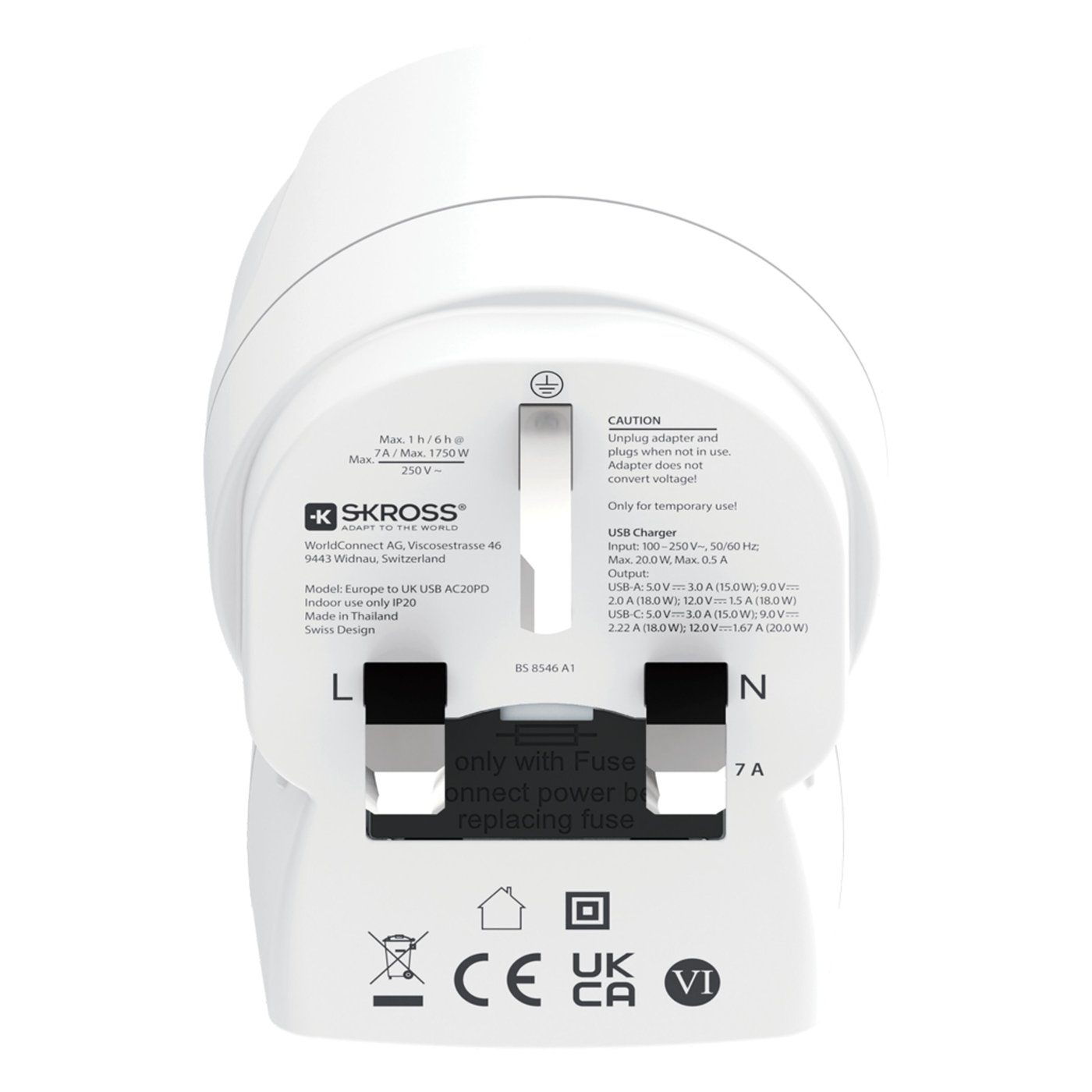Skross Reseadapter Europa till UK USB AC20PD