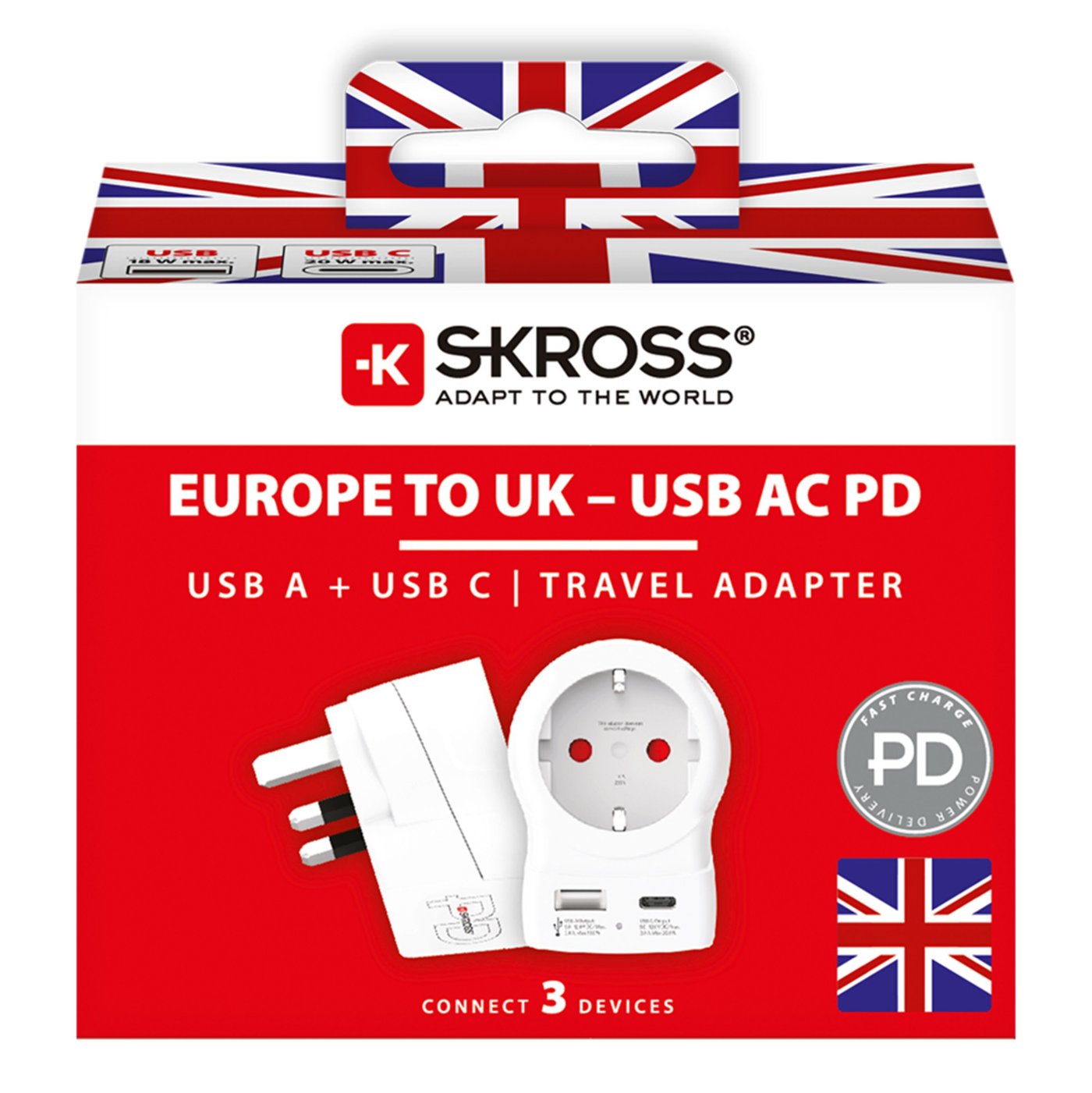 Skross Reseadapter Europa till UK USB AC20PD