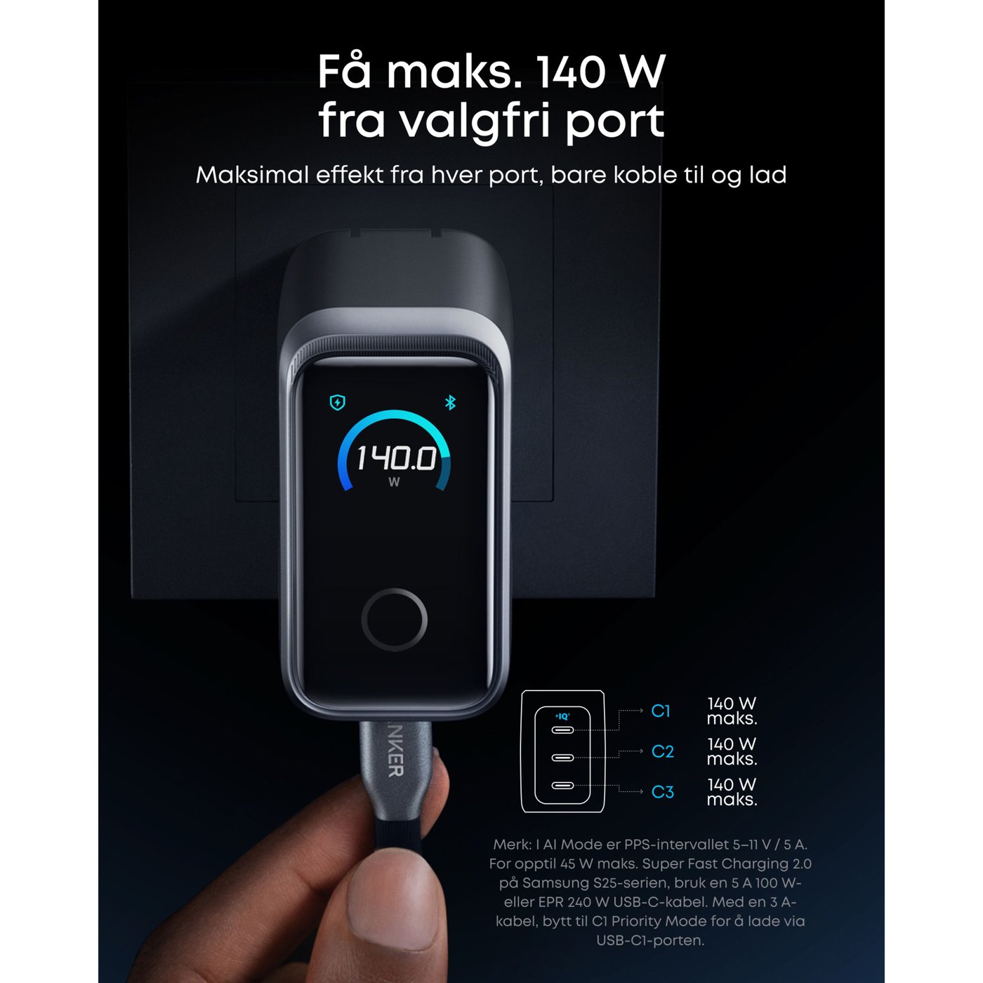 Anker Prime Charger 160 W – USB-C-lader med 3 porter og display