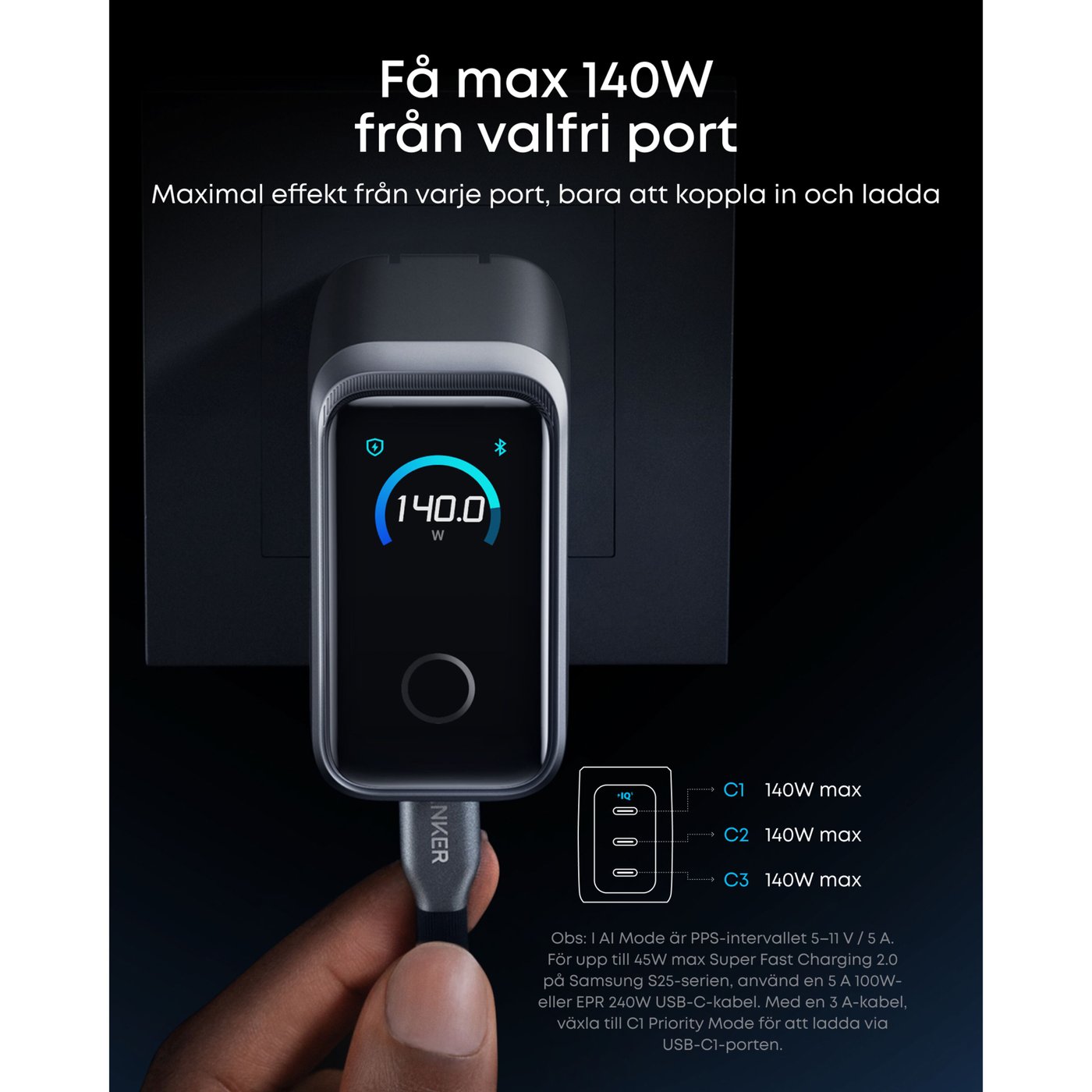 Anker Prime Charger 160 W – USB-C-laddare med 3 portar och display