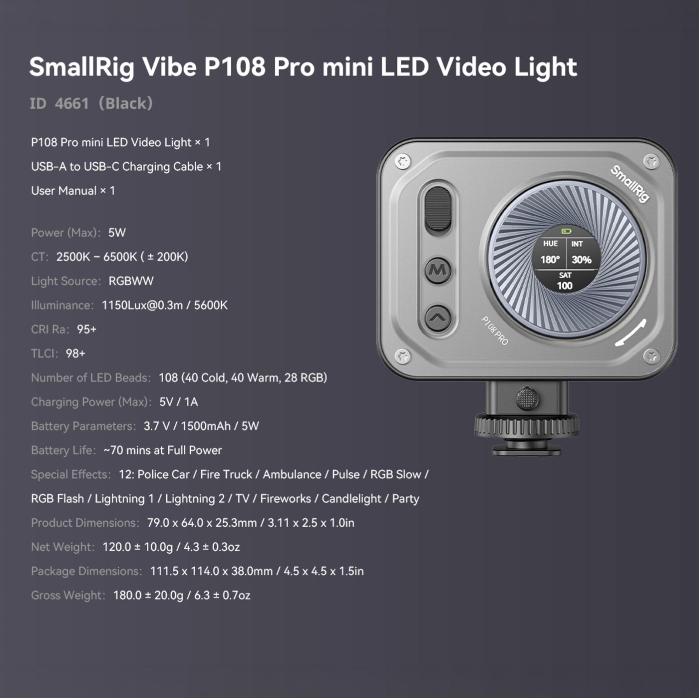 SmallRig Vibe P108 Pro mini-LED-videolampa