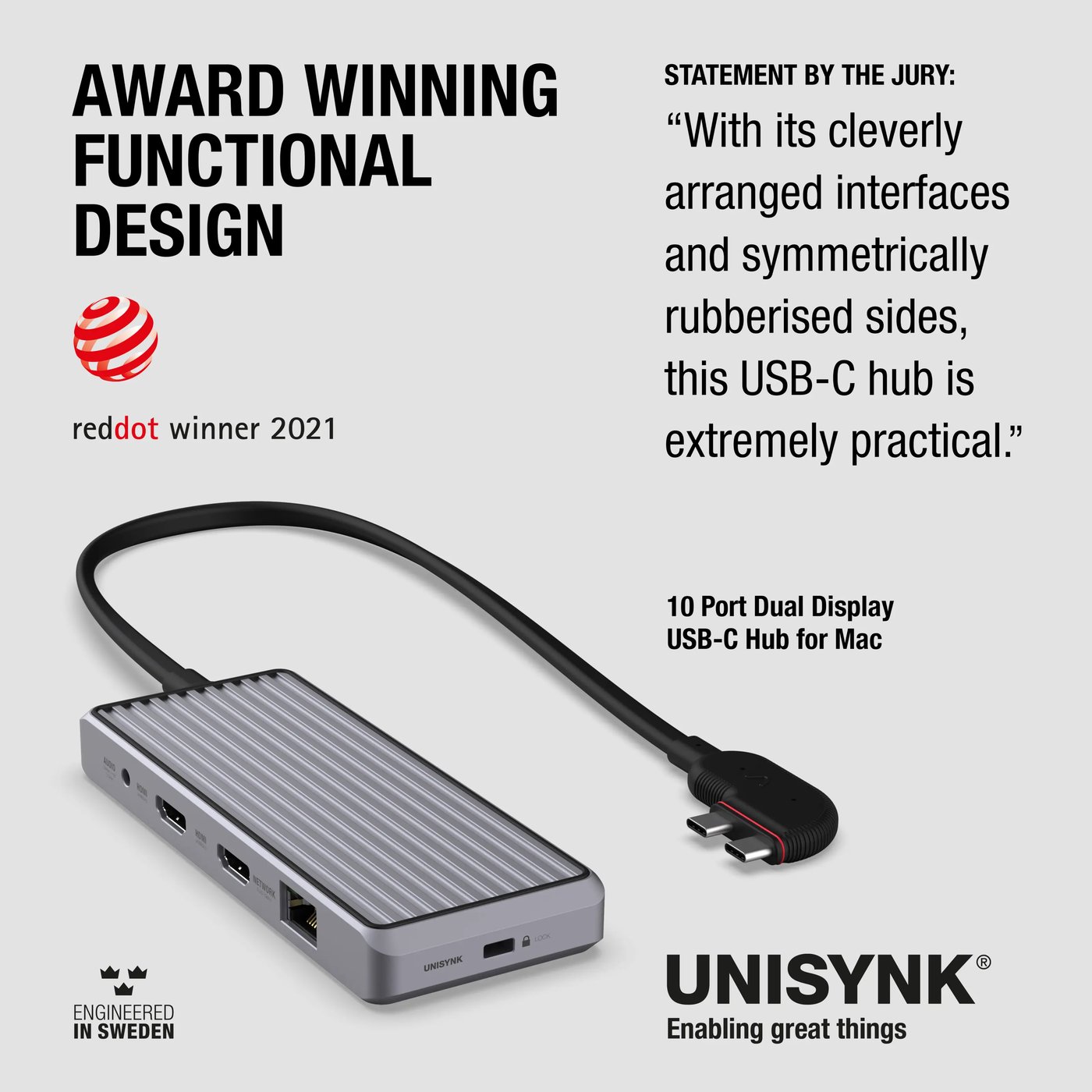 Unisynk 10-ports USB-C-hub for doble skjermer for Mac Grå