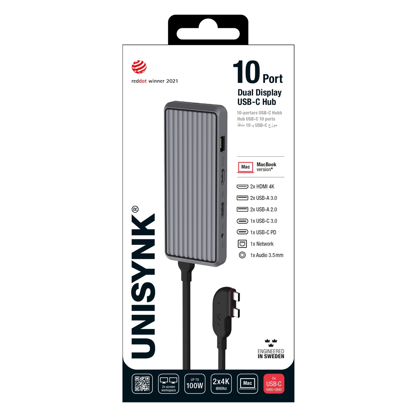 Unisynk 10-portars USB-C-hubb för dubbla skärmar för Mac Grå