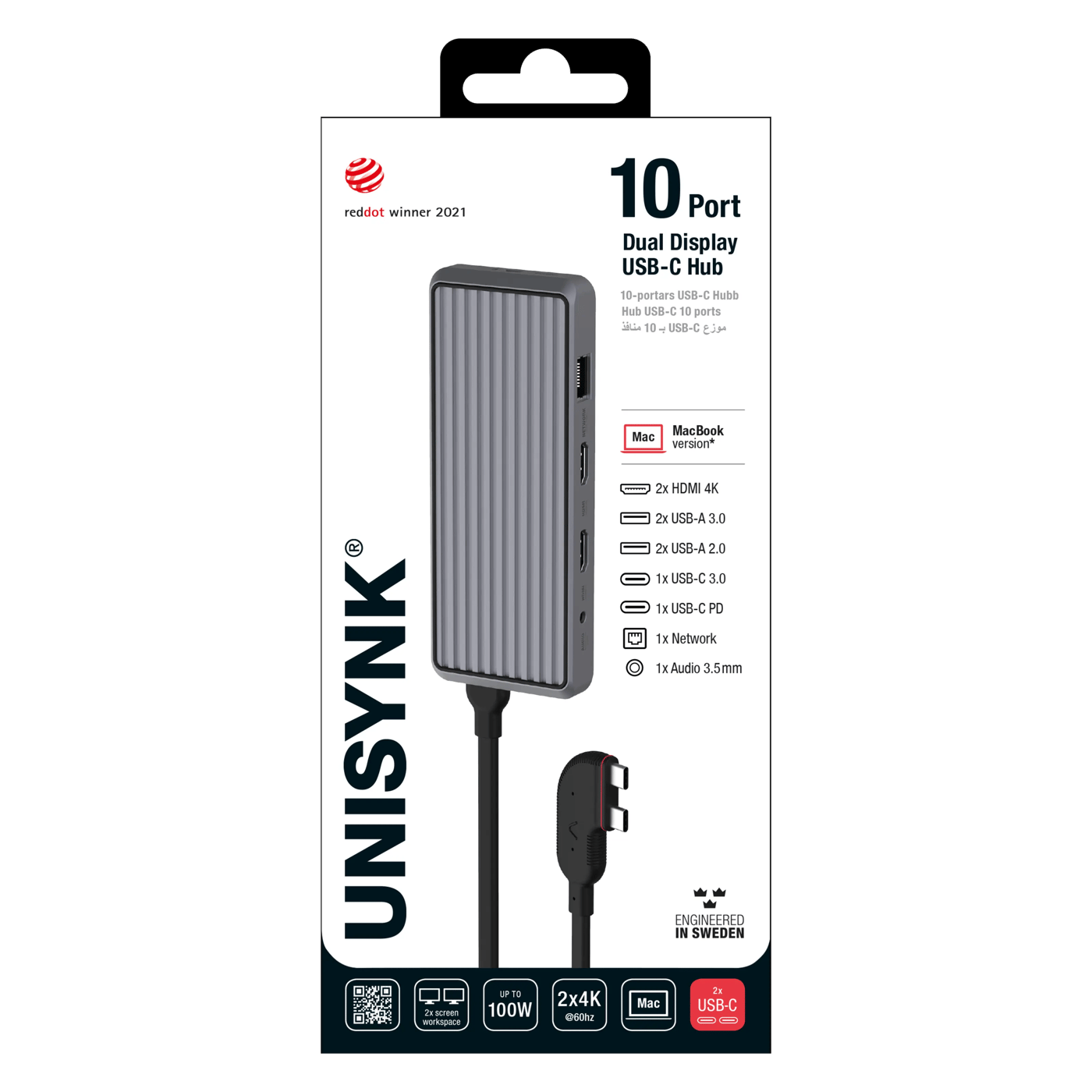 Unisynk 10-ports USB-C-hub for doble skjermer for Mac Grå