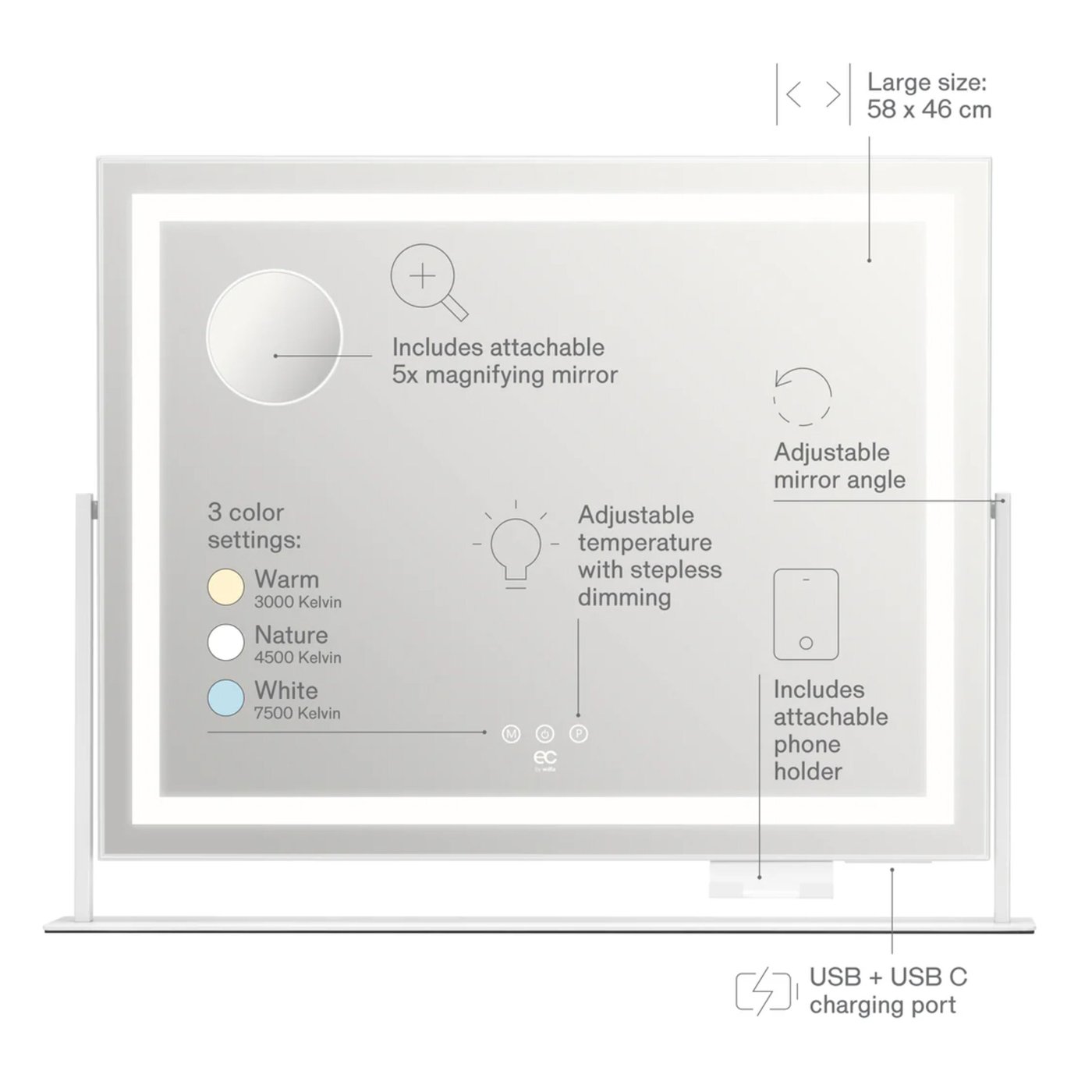 Wilfa Sparkle Stockholm sminkspegel med LED-ljus 58 cm