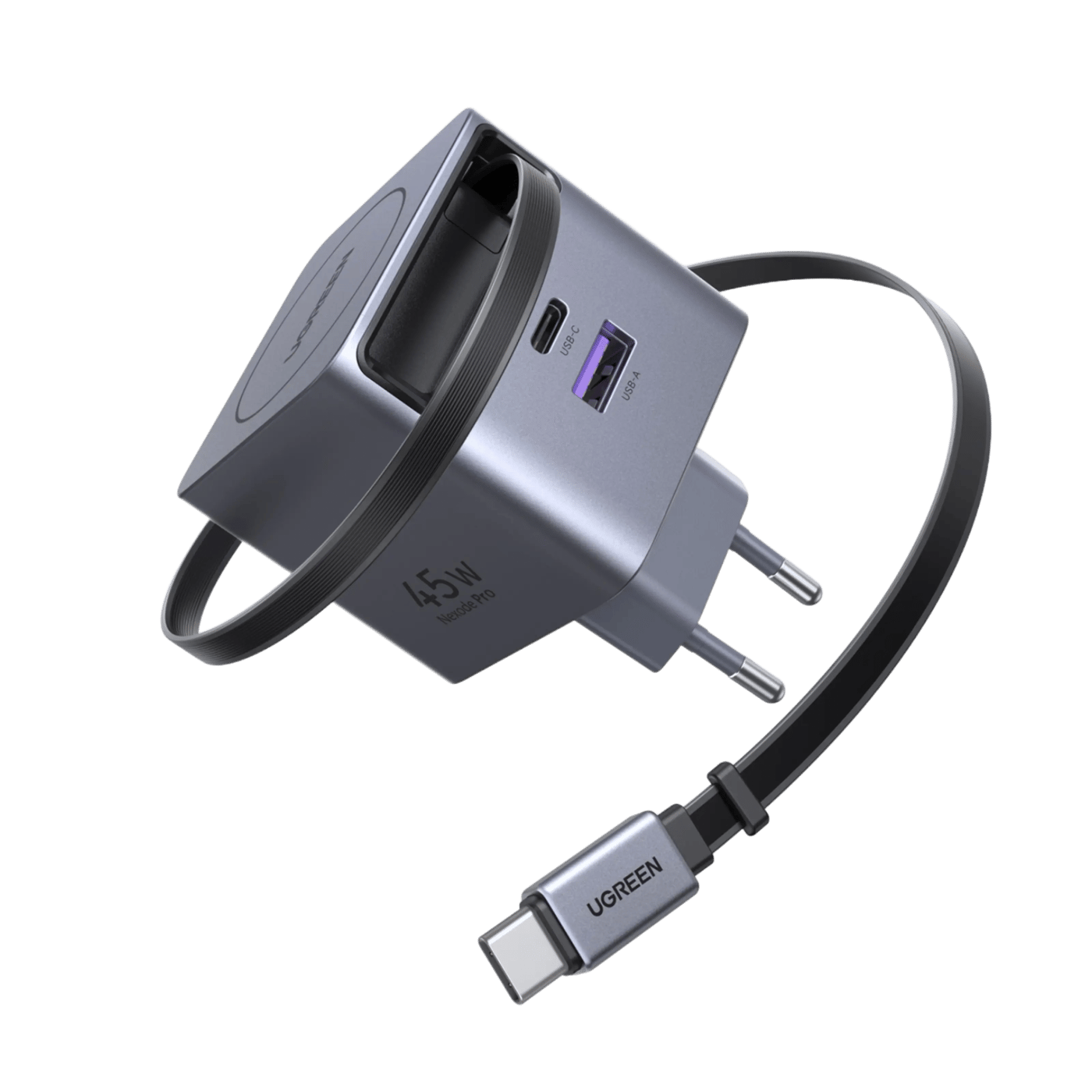 Ugreen Nexode 45 W GaN-snabbladdare med utdragbar USB-C-kabel 45 W