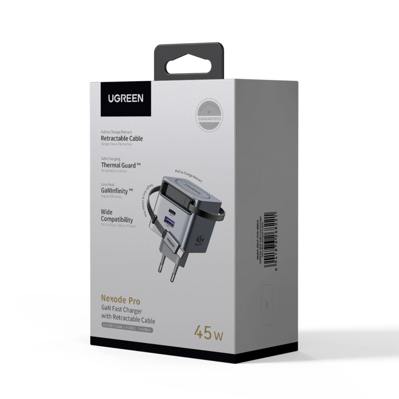 Ugreen Nexode 45 W GaN-snabbladdare med utdragbar USB-C-kabel 45 W