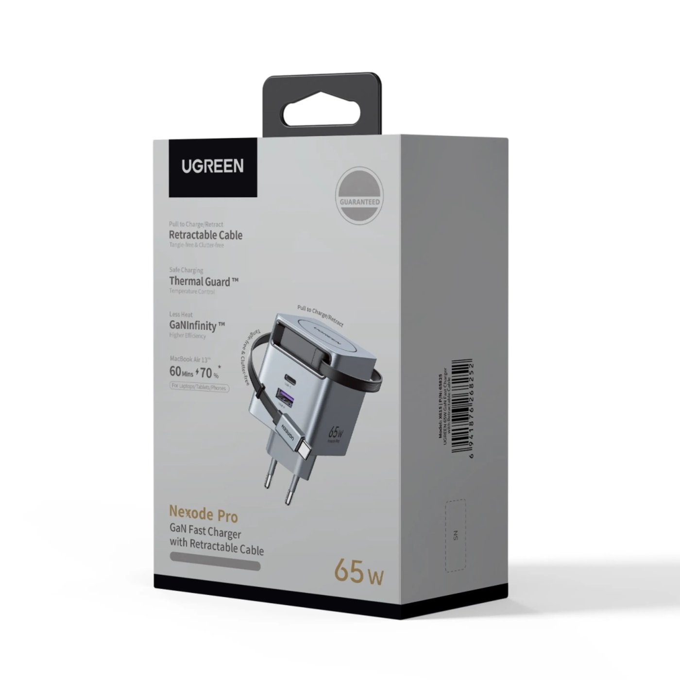 Ugreen Nexode 65 W GaN-snabbladdare med utdragbar USB-C-kabel 65 W