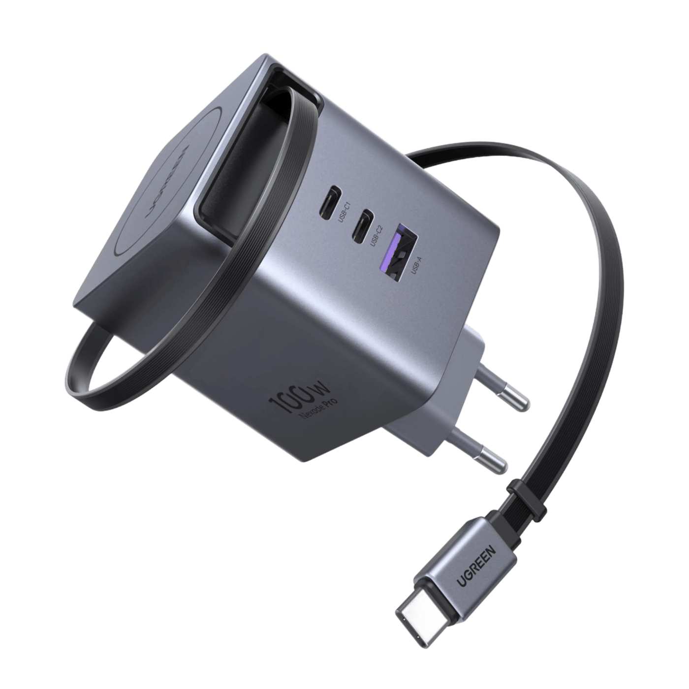 Ugreen Nexode 100 W GaN-snabbladdare med utdragbar USB-C-kabel