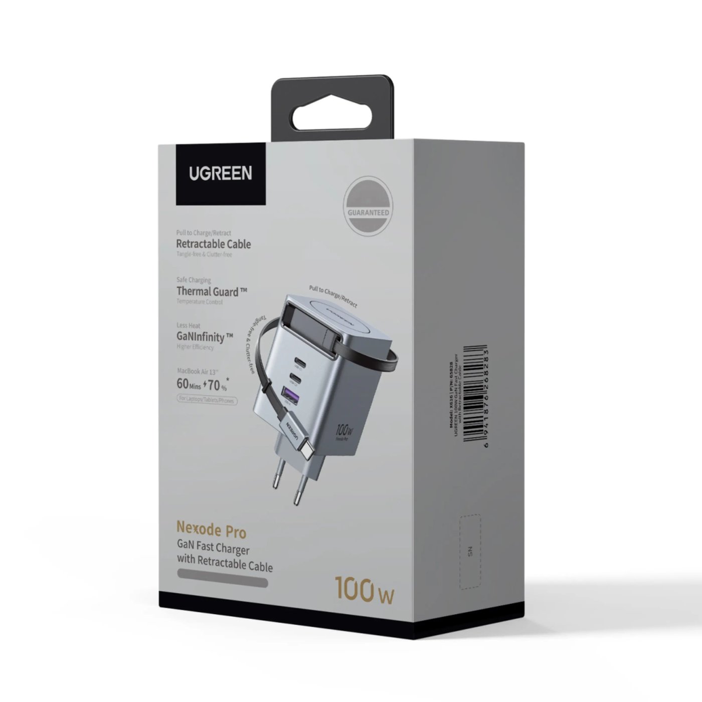 Ugreen Nexode 100 W GaN-snabbladdare med utdragbar USB-C-kabel