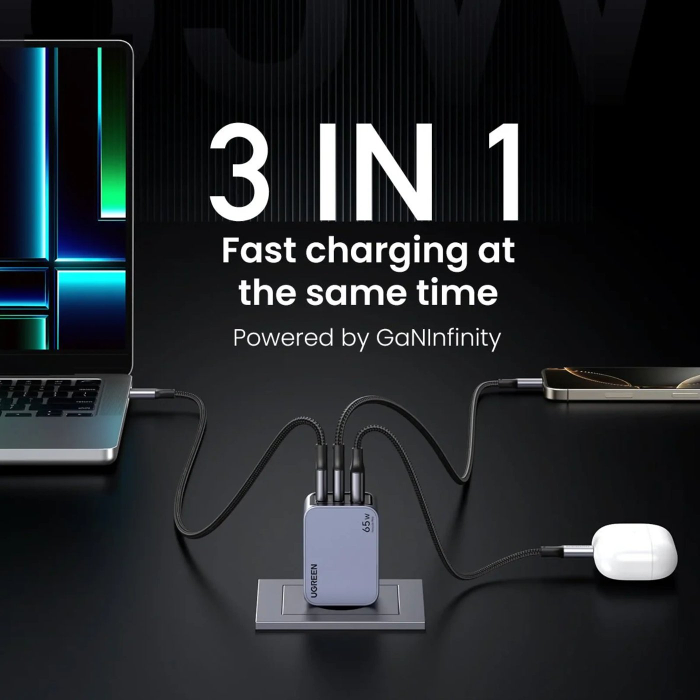 Ugreen Nexode Pro 65 W GaN-snabbladdare med 3 portar