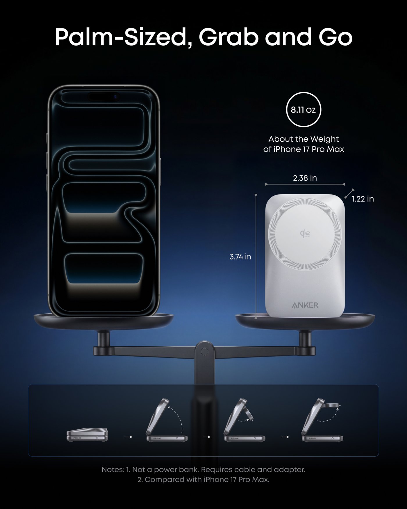 Anker Prime trådlös laddningsstation 3-i-1, MagGo, AirCool, vikbar Silver
