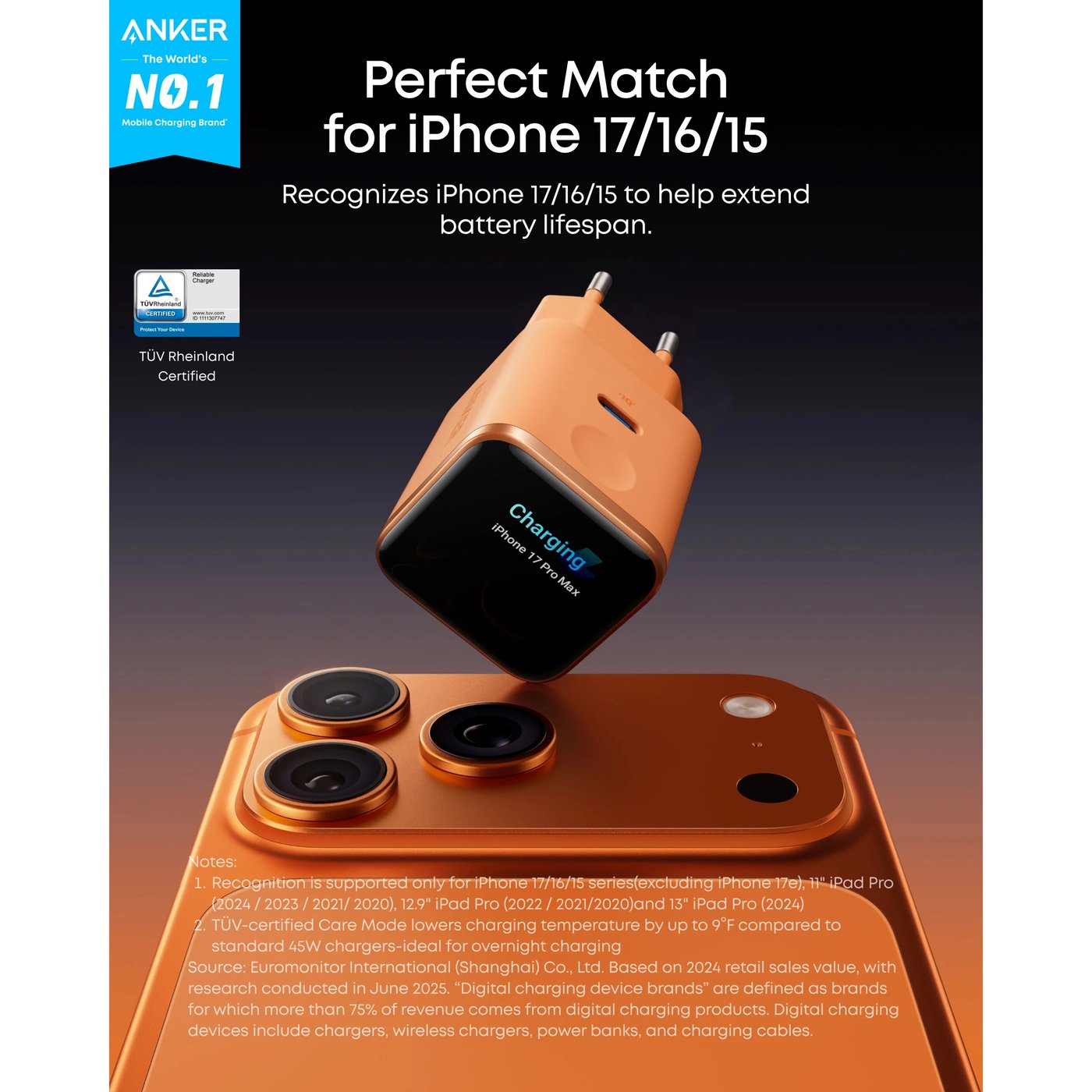 Anker Nano Charger 45 W USB-C-lader med smart display Oransje