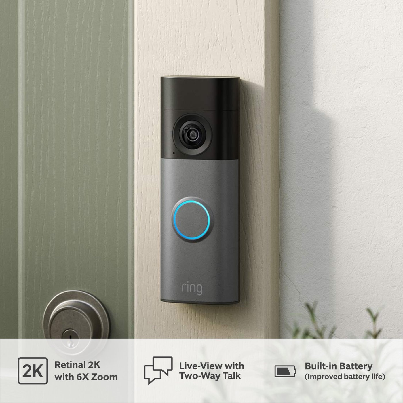Ring Battery Video Doorbell + Chime Retinal 2K Speckled Grey