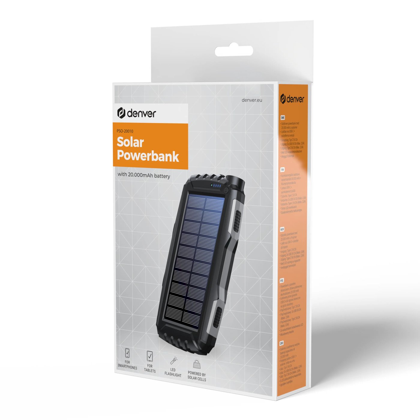 Denver Powerbank med solpanel och ficklampa 20 000 mAh