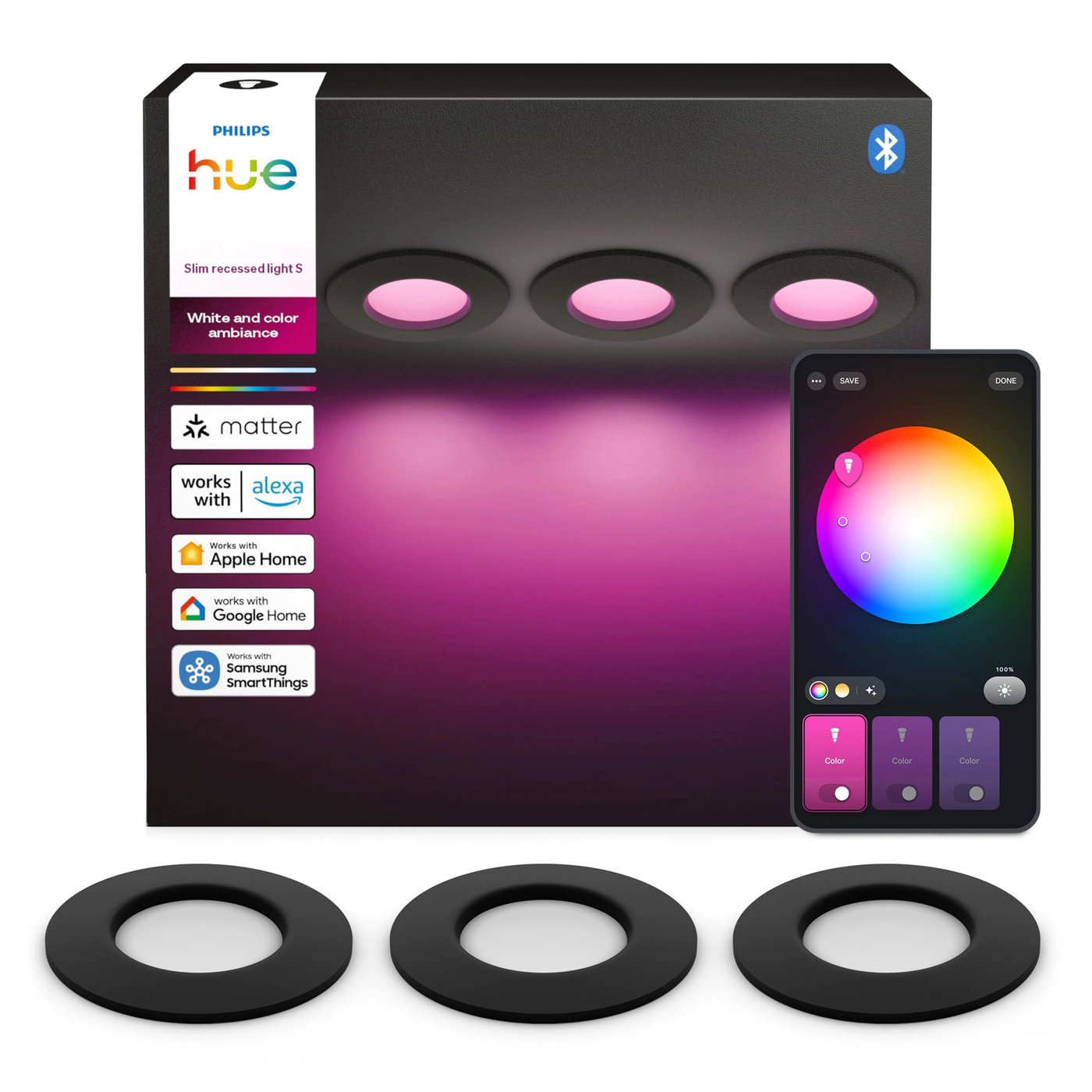 Philips Hue Slim innfelt spotlight 90 mm 3-pk. Svart