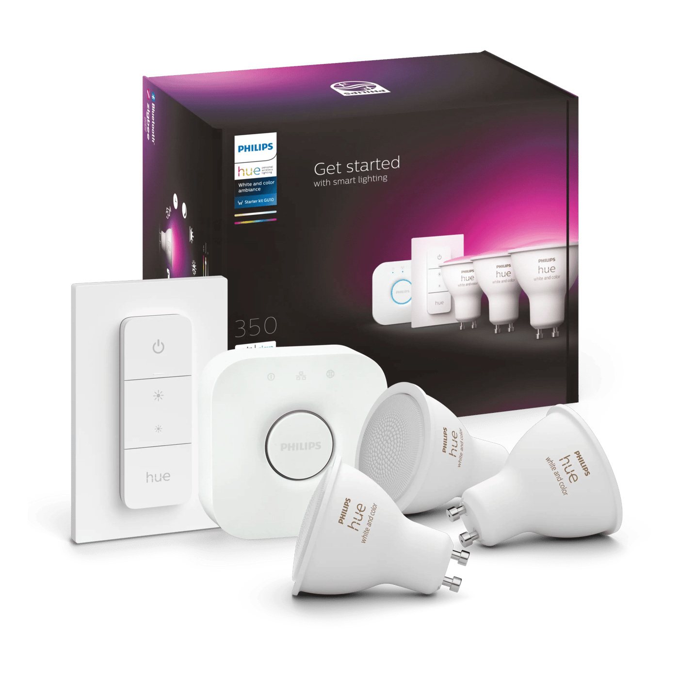 Philips Hue Startpaket: 3x White & Color GU10 + Dimmer + Bridge