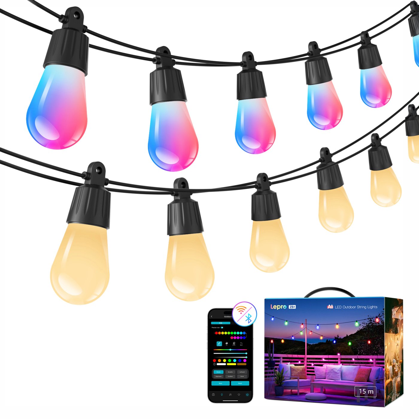 Lepro ZB1 AI Outdoor smart ljusslinga med RGBIC 15 m