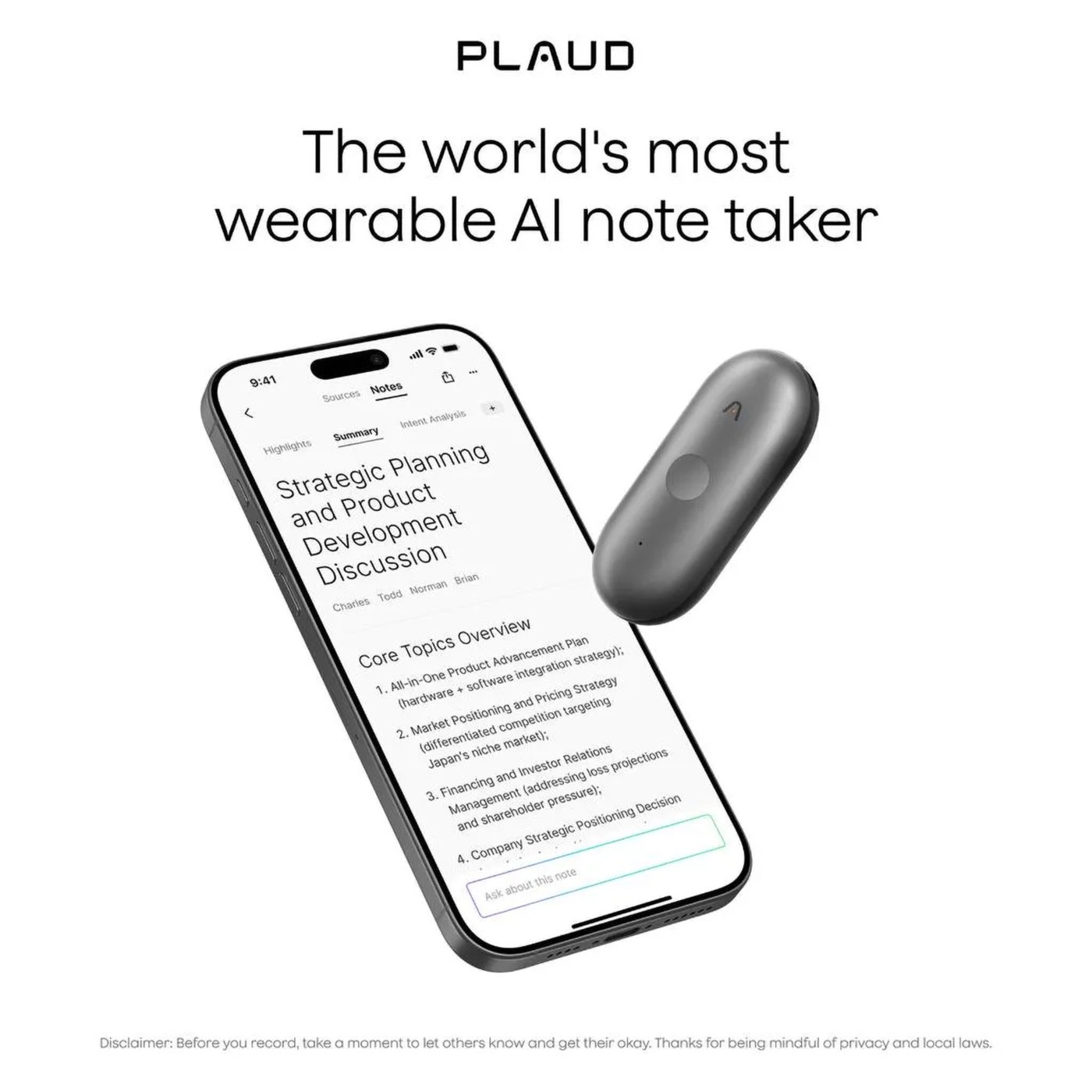 Plaud NotePin S AI-diktafon med transkribering Svart