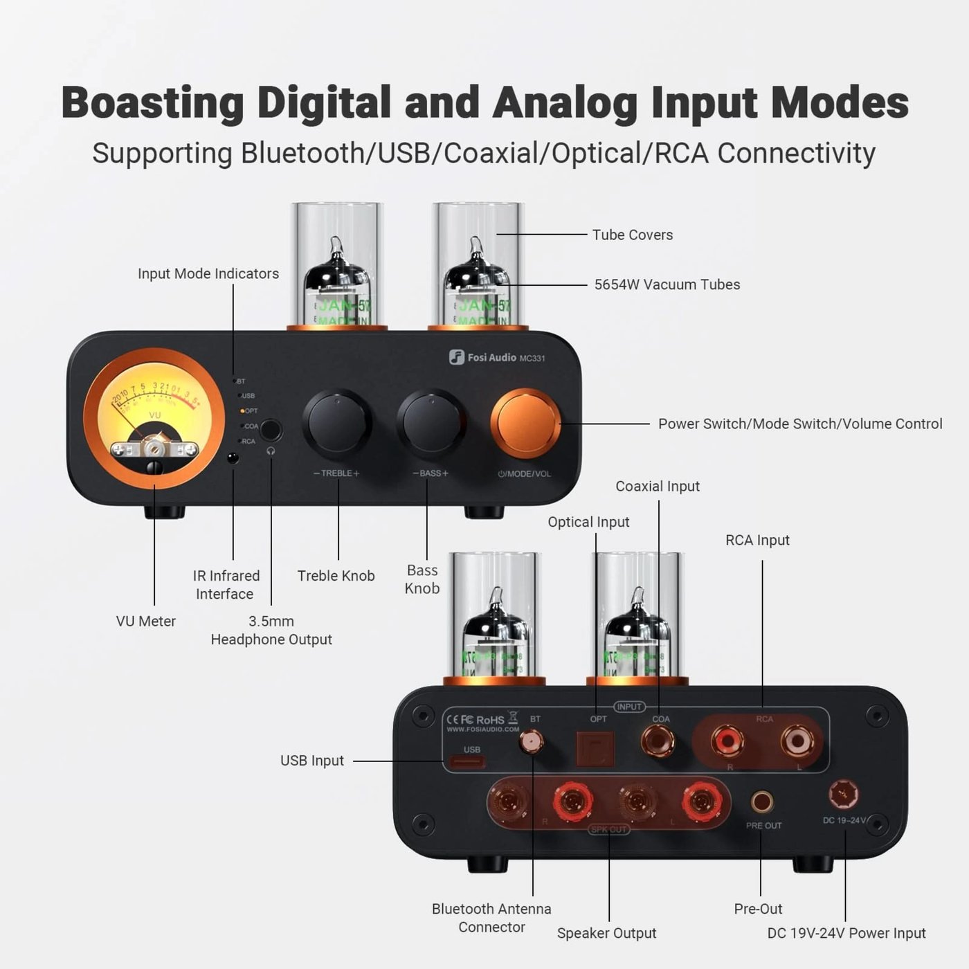 Fosi Audio MC331 hybridrörförstärkare med DAC och Bluetooth 2 × 105 W