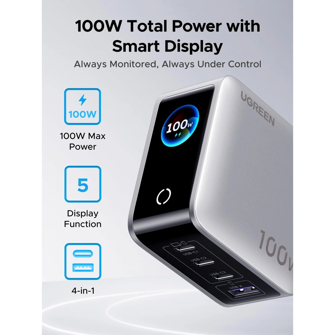Ugreen Nexode Pro Smart Display 100 W GaN-laddare med 4 portar