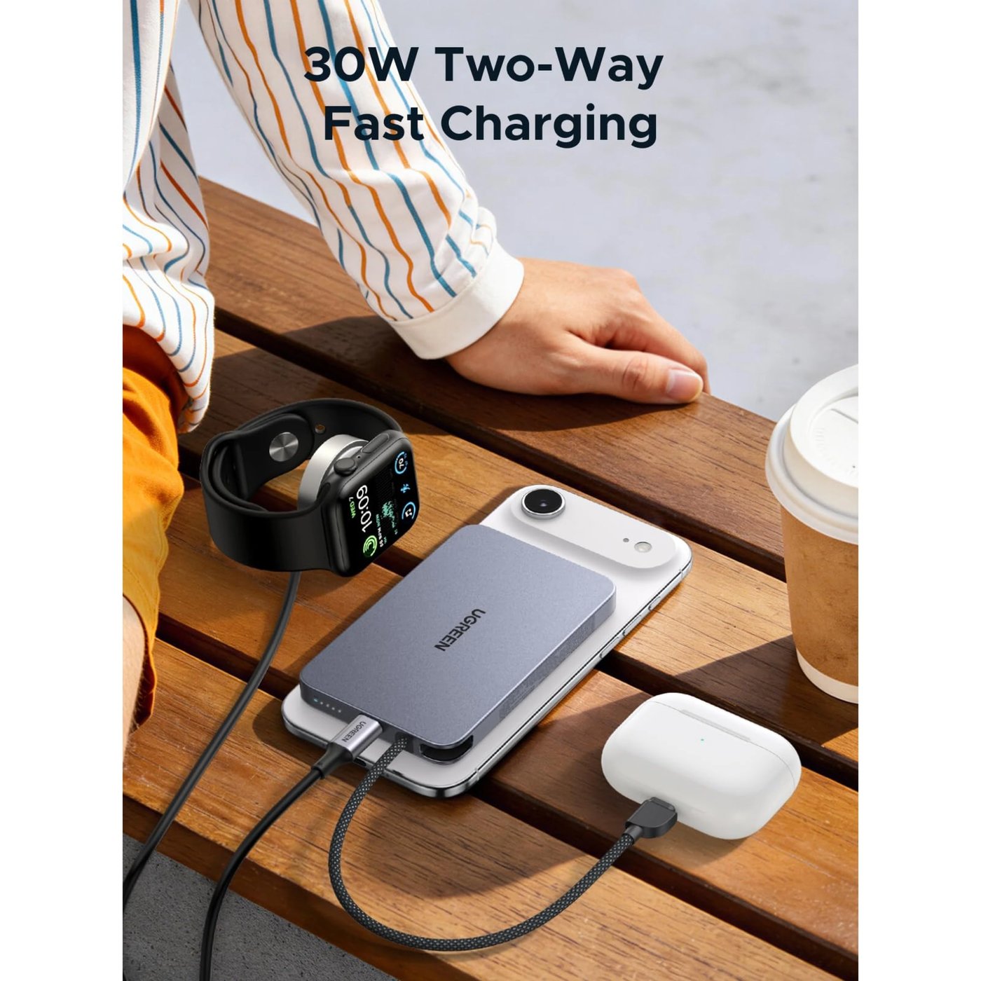 Ugreen MagFlow Air MagSafe-powerbank 10 000 mAh Grå