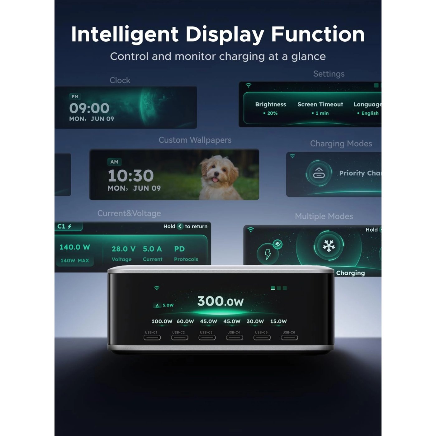 Ugreen Nexode Pro Smart Display 300 W skrivbordsladdare Starlight Grey