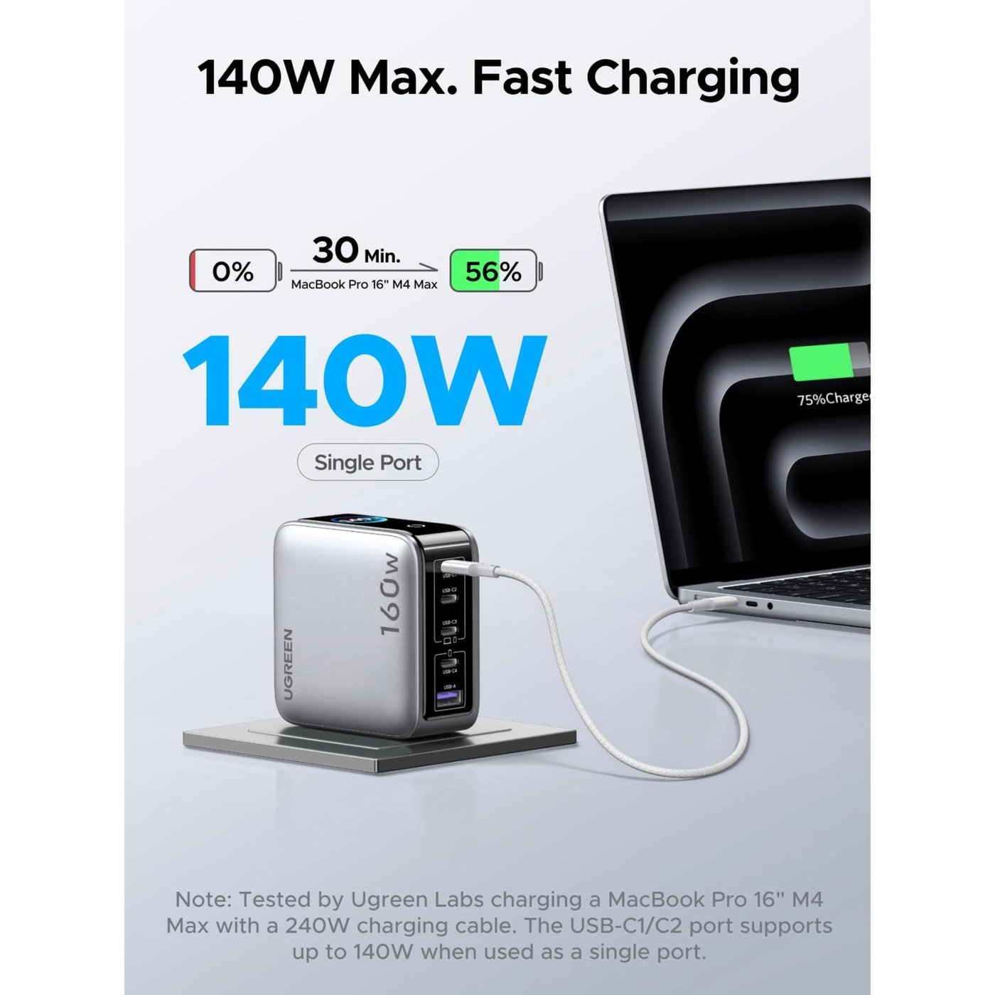 Ugreen Nexode Pro Smart Display 160 W GaN-laddare med 5 portar Starlight Grey