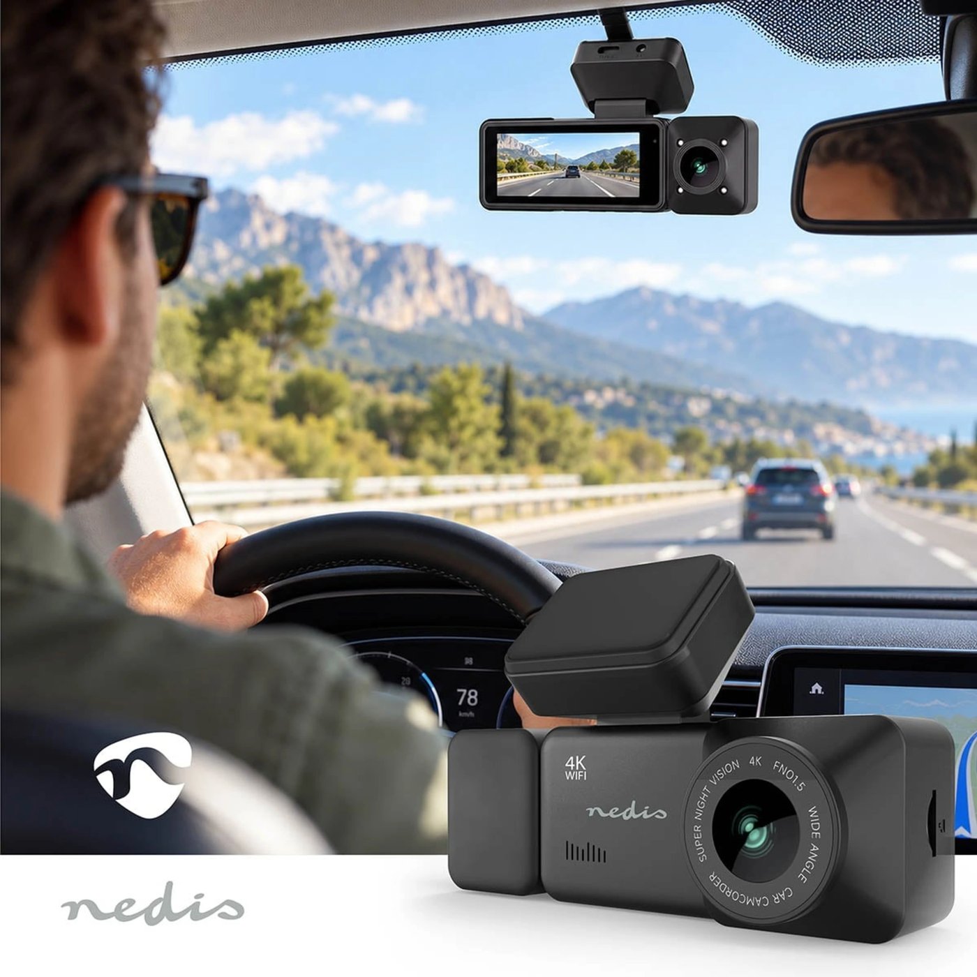 Nedis Dash Cam 4K med dubbelkamera, GPS och Wi-Fi Svart