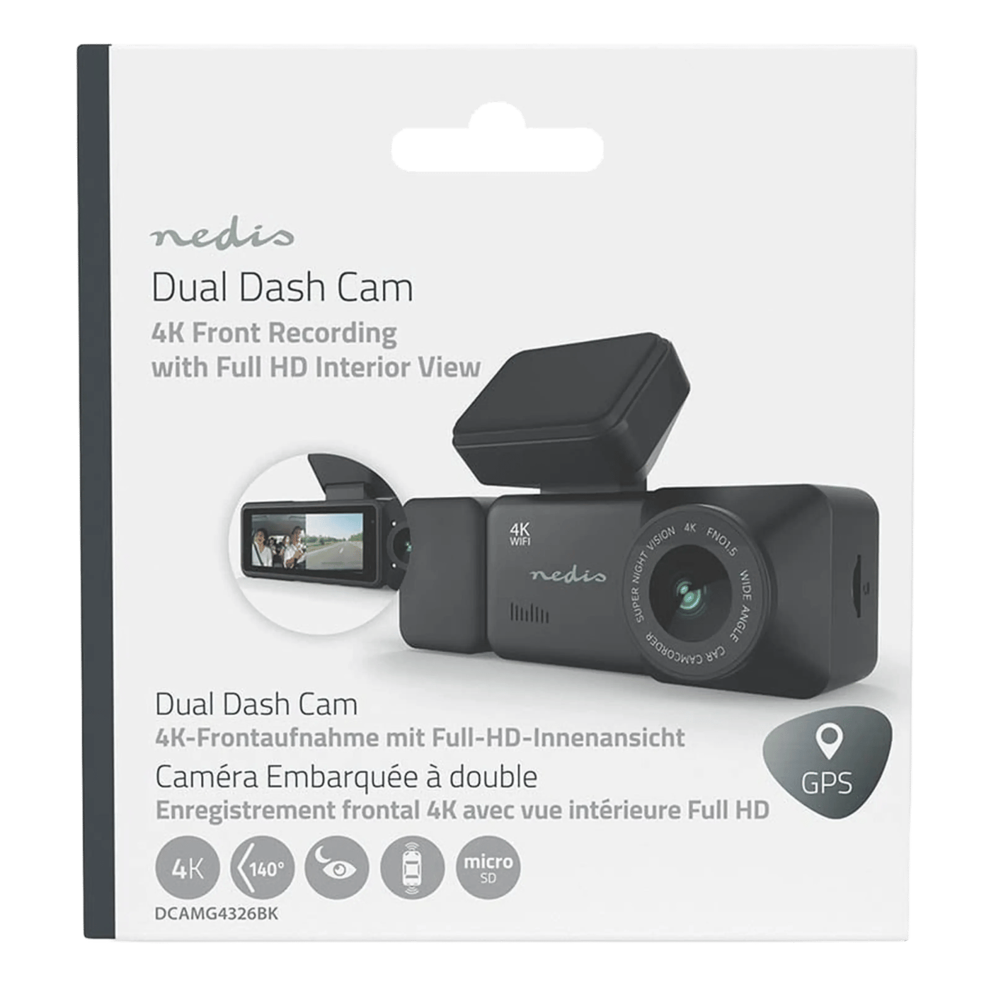 Nedis Dash Cam 4K med dubbelkamera, GPS och Wi-Fi Svart