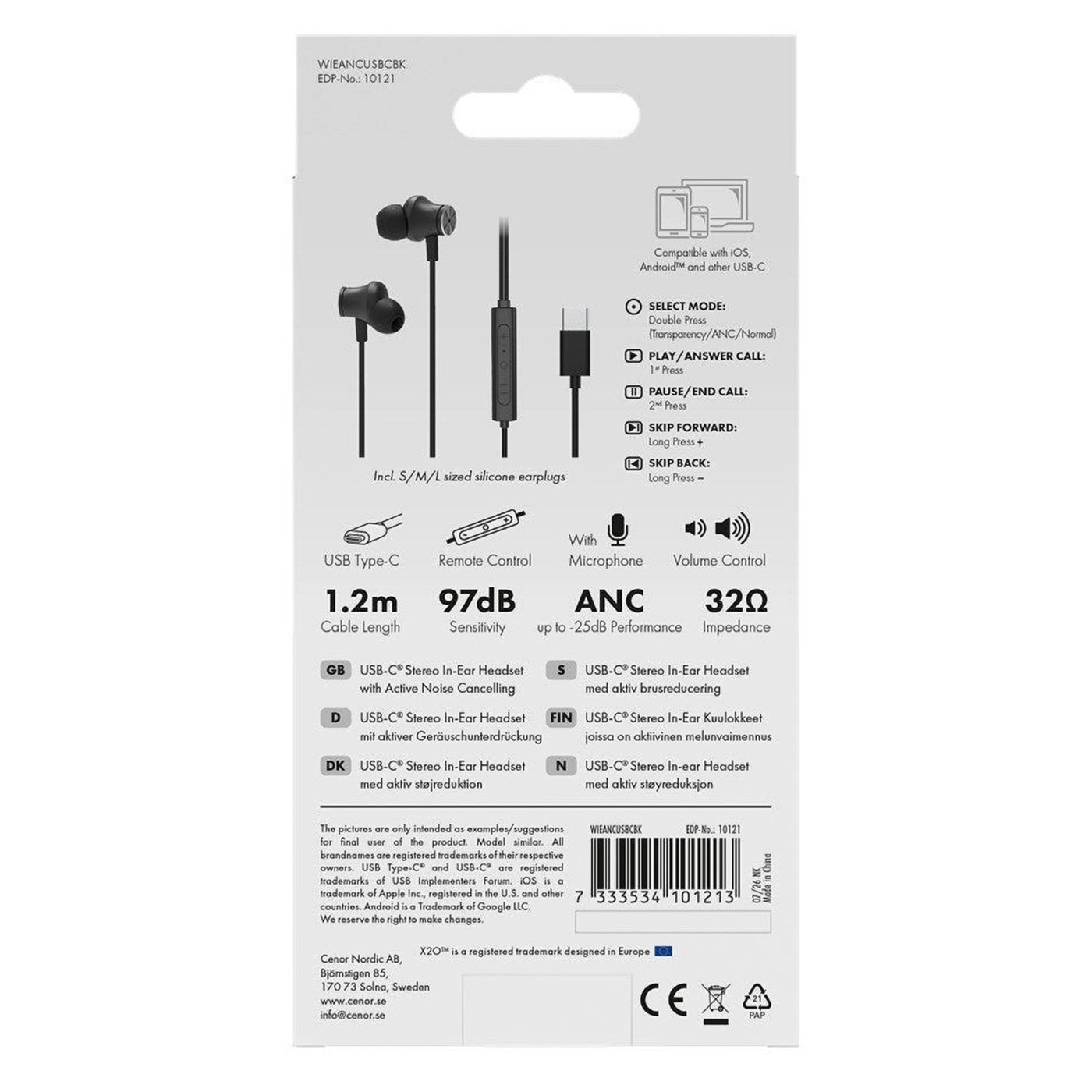 X2O In-ear hörlurar med USB-C och aktiv brusreducering 1,2 m